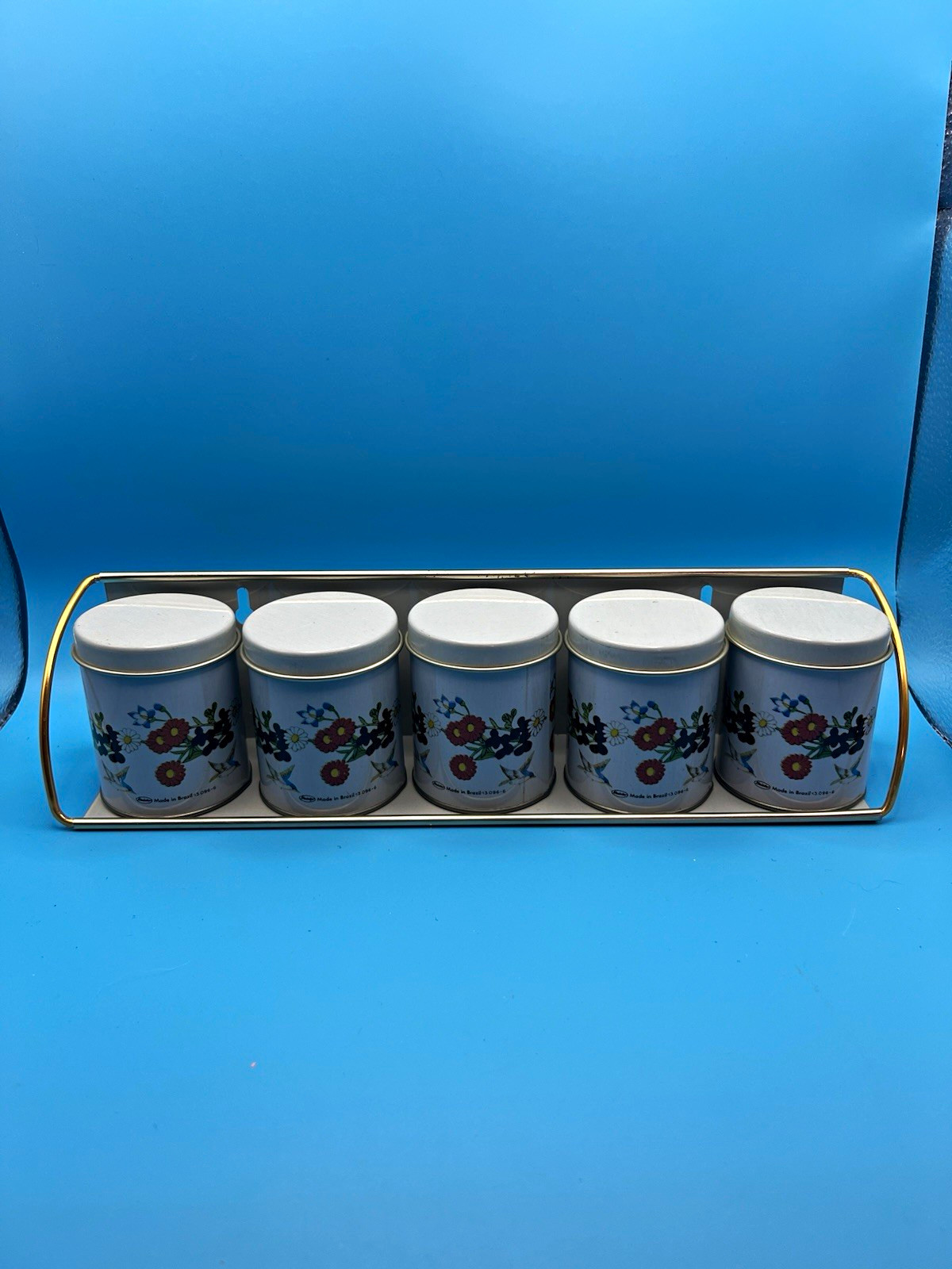 Vtg Meister 5 Tin Spice Canister Set with Rack Wild Flowers & Birds Brazil