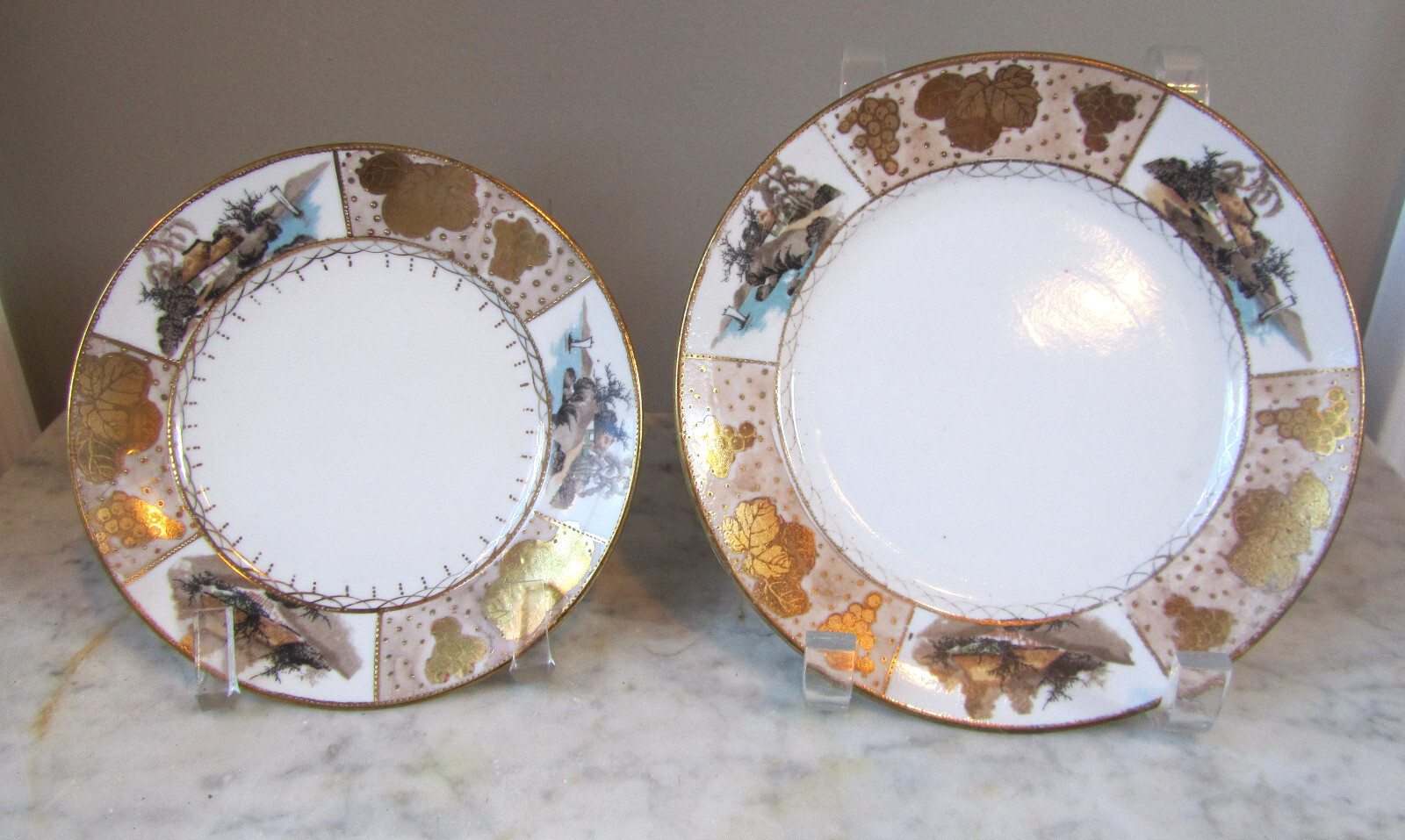 Nippon Hand Painted Salad & Bread Plate, Set Scenic Design Gold Beaded, No Chips