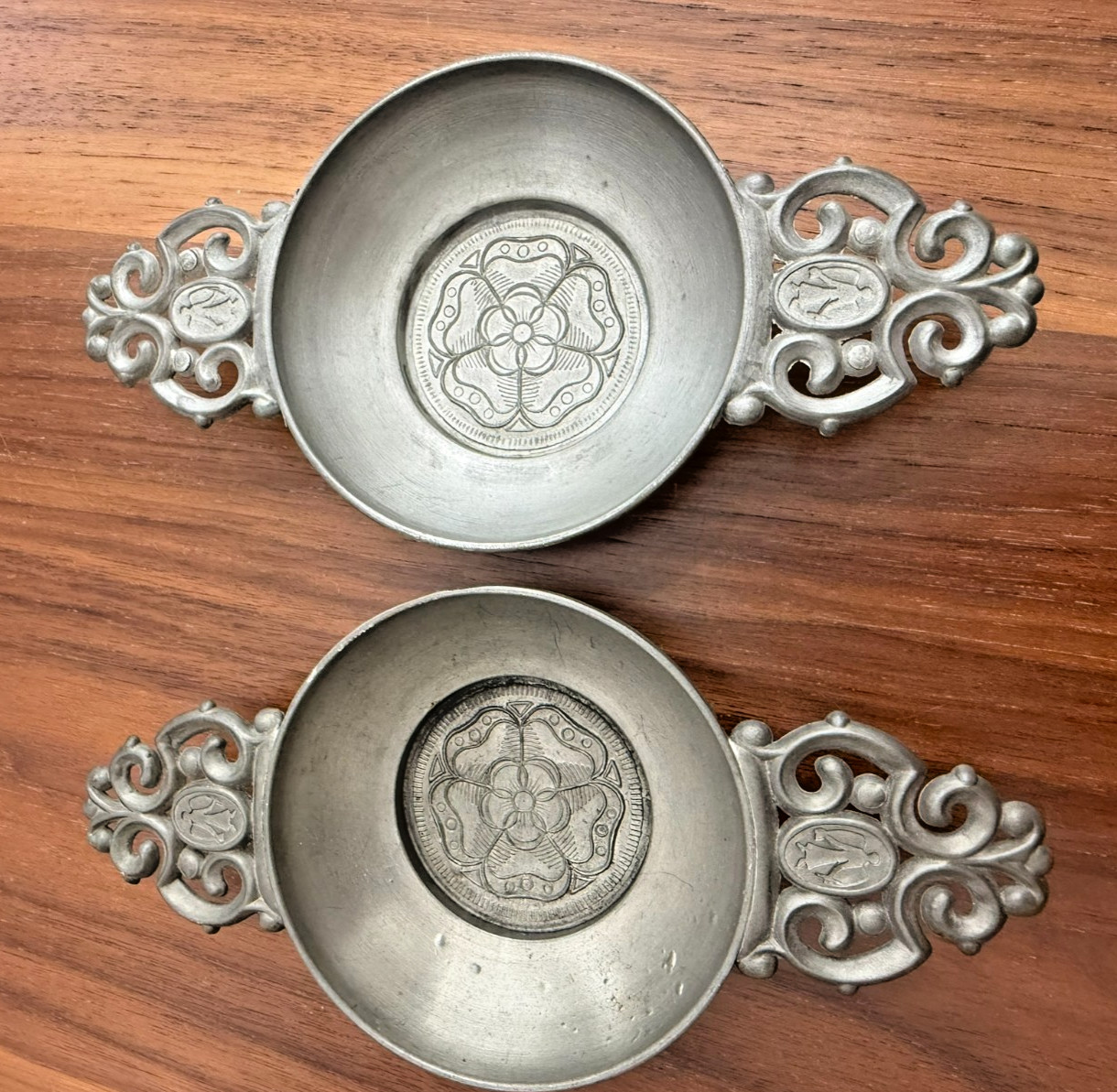 Set 2 Antique Fein Zinn German Pewter Flowered Bowl with Handles Porringer Angel