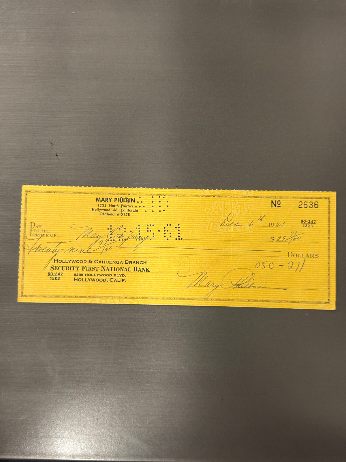 Mary Philbin Signed Check 1961 Phantom of the Opera Silent Film Star Autograph
