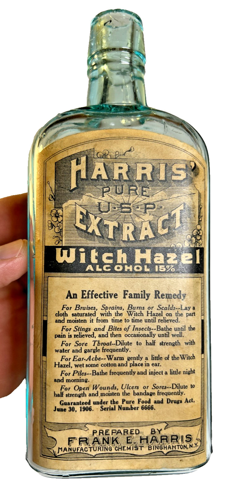 Antique Harris' Witch Hazel Bottle Label Labeled Binghamton New York NY c1910