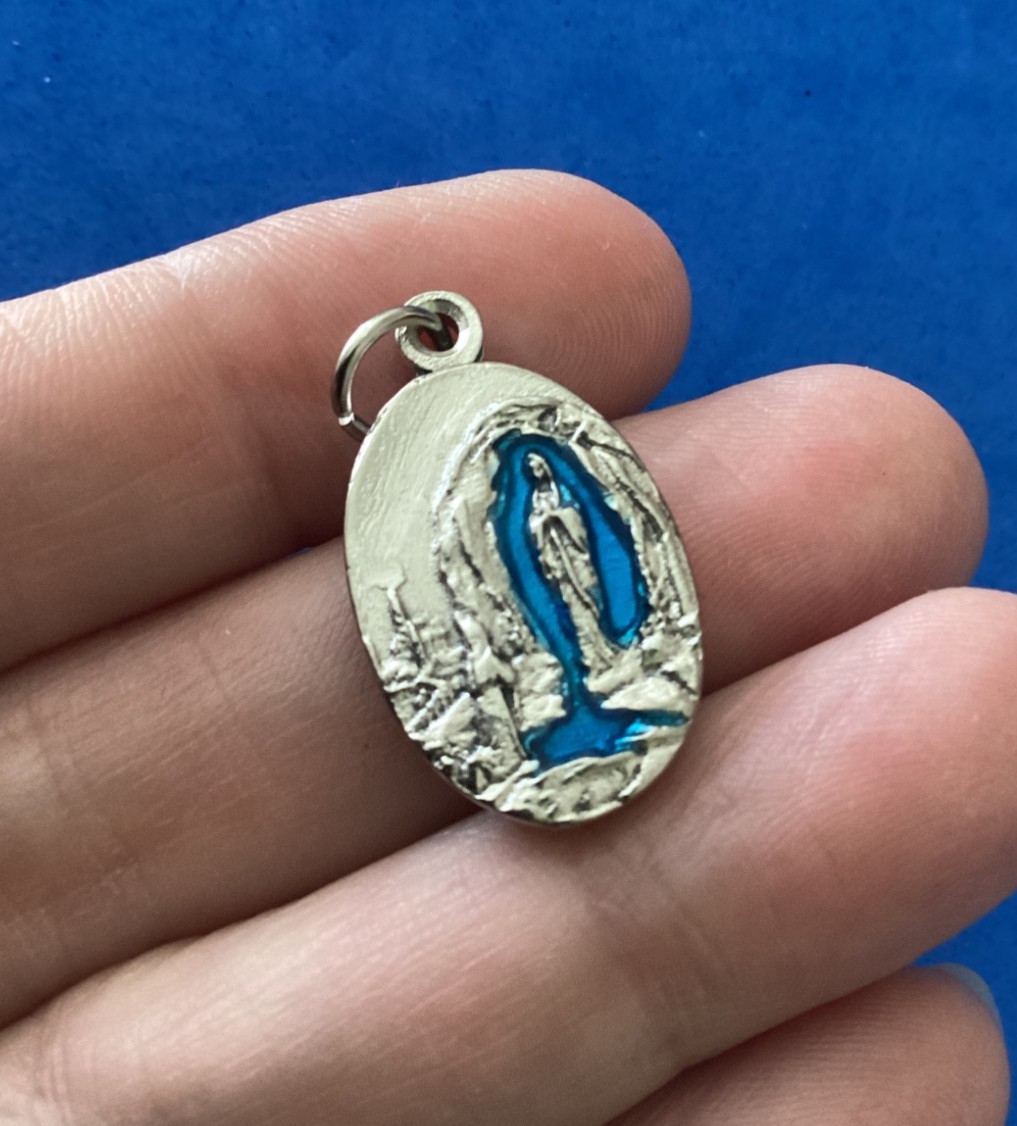 Our Lady of Lourdes Holy Water Saint Medal Blue Enamel 1-inch Italy