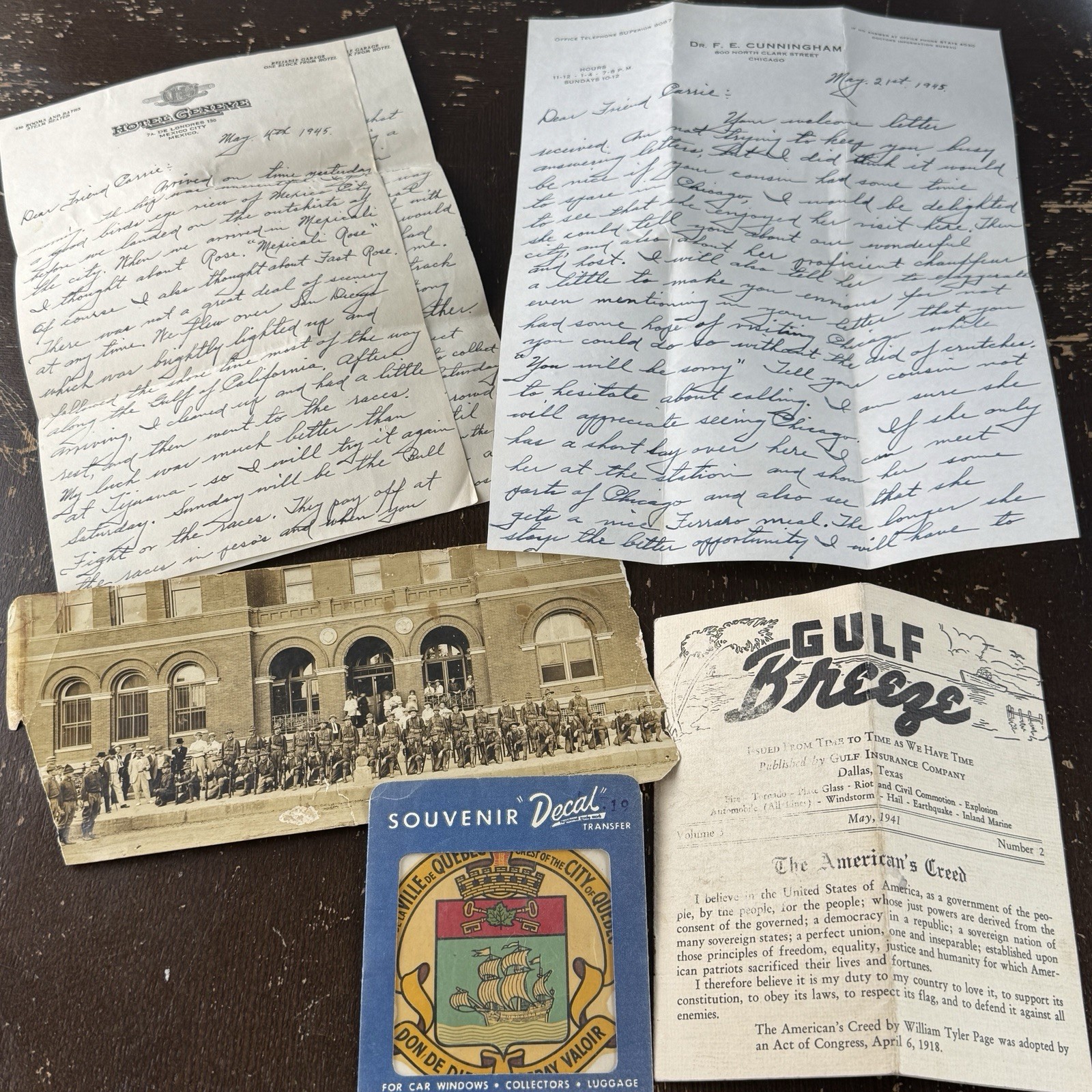 Ephemera Lot 1945 Letters 1941 Gulf Breeze Military Photo Hotel Geneve Mexico