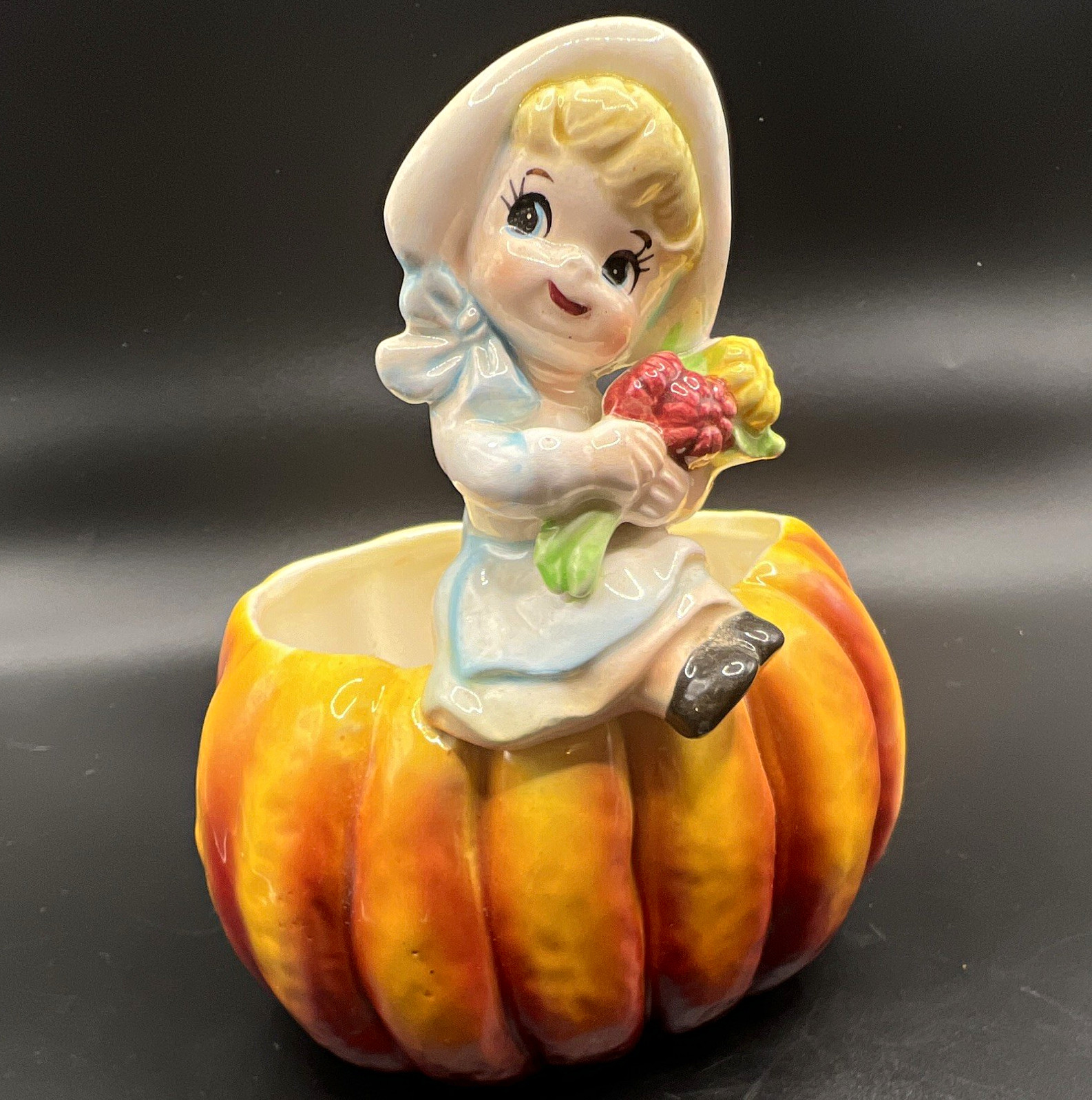 Relpo Vintage 1960s Pumpkin Girl Ceramic Candy Jar Fall Autumn MPN 51058