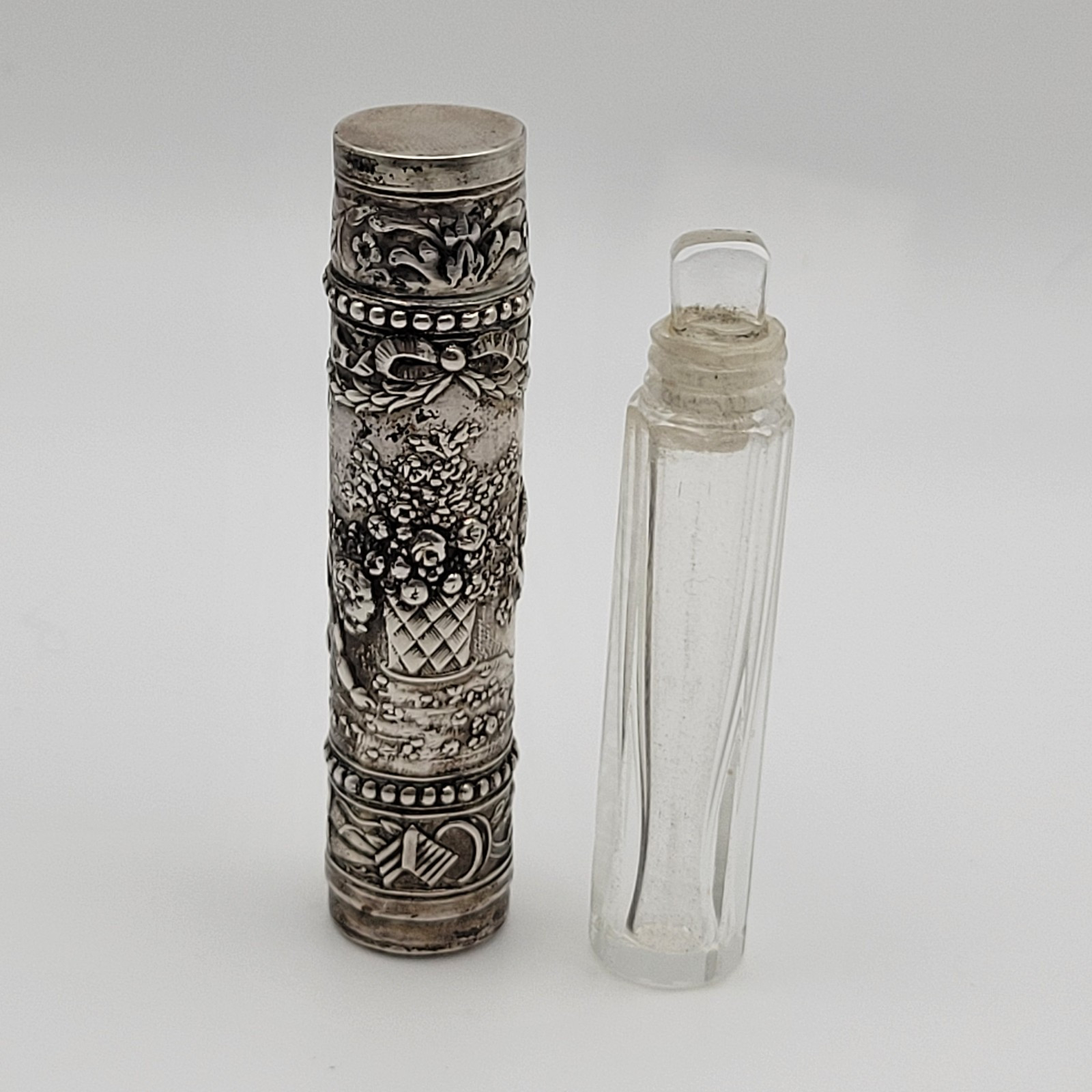 Antique Victorian Silver Scent Vesta Glass Bottle Cupid Flowers Repoussé 