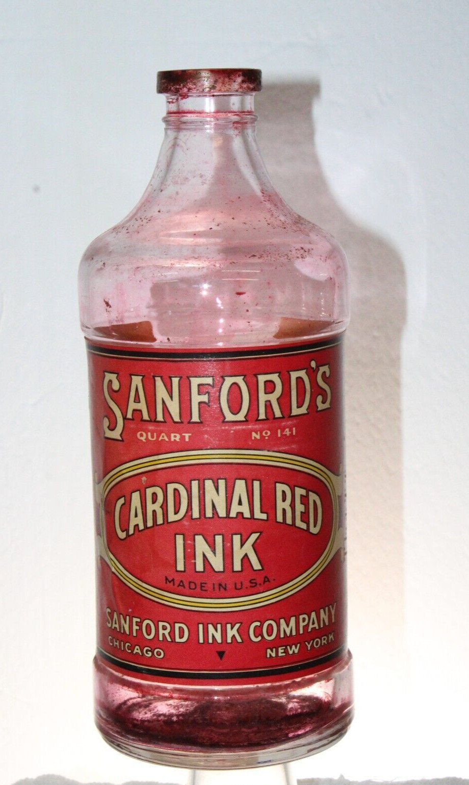 Early SANFORD\'S Cardinal RED Ink Bottle QUART Paper Label Empty 9 1/2\'\'