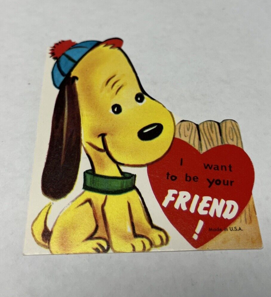 Vtg School Valentine Card 3.5 in. Beagle Dog Puppy Friend 1969