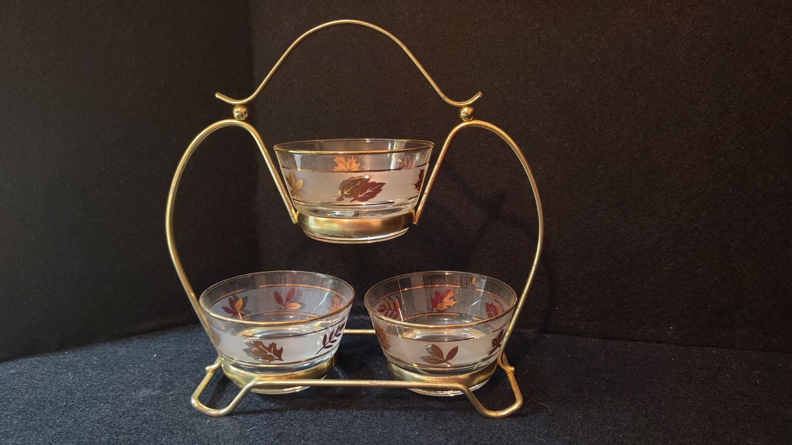 Vintage Golden Foliage Libbey 4pc Dessert Set (3 Footed Dessert & Metal Stand)