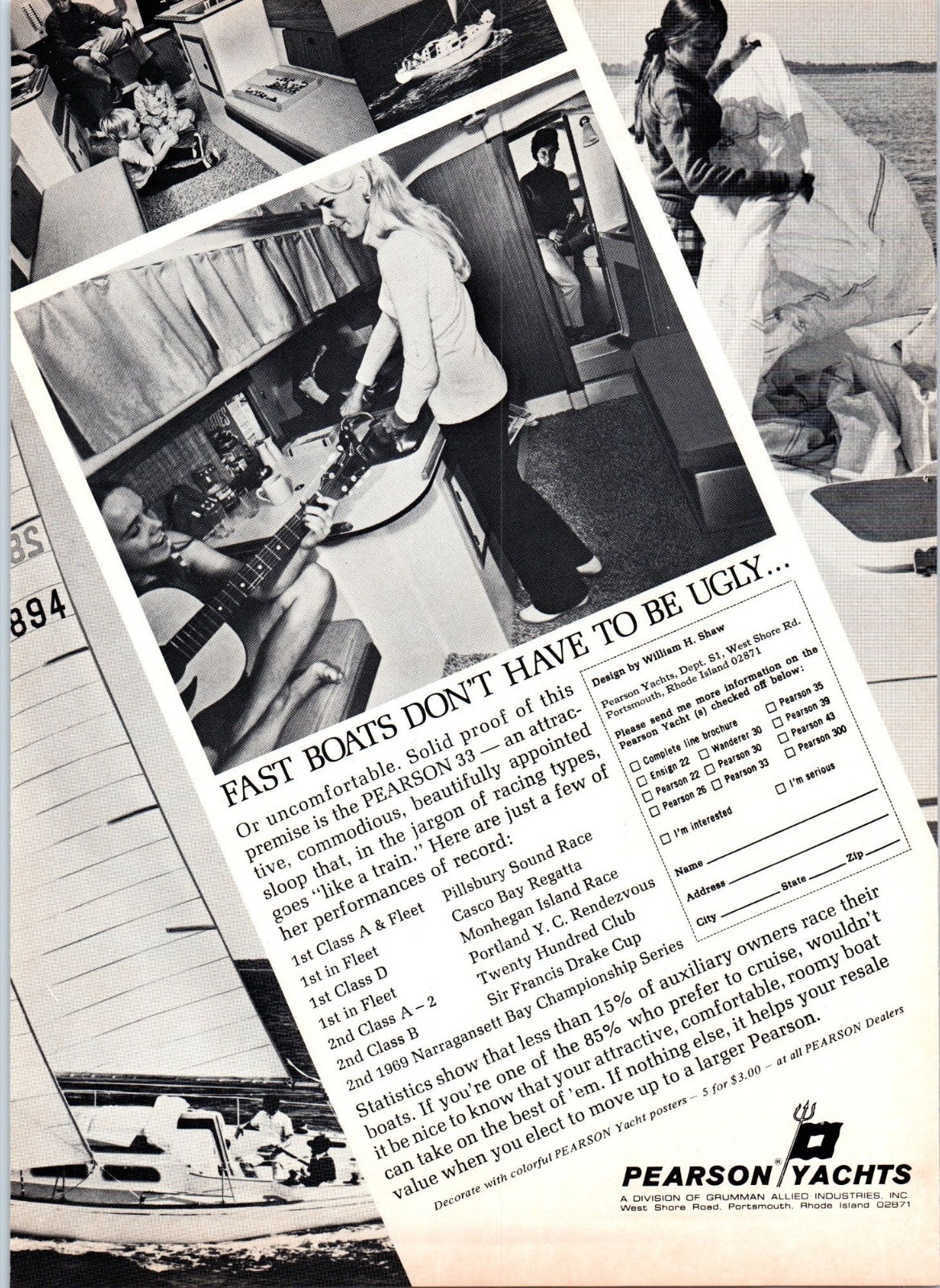 1971 Pearson Yachts 33 Yacht Vintage Print Ad Interior Cabin Guitar Wall Art 70s