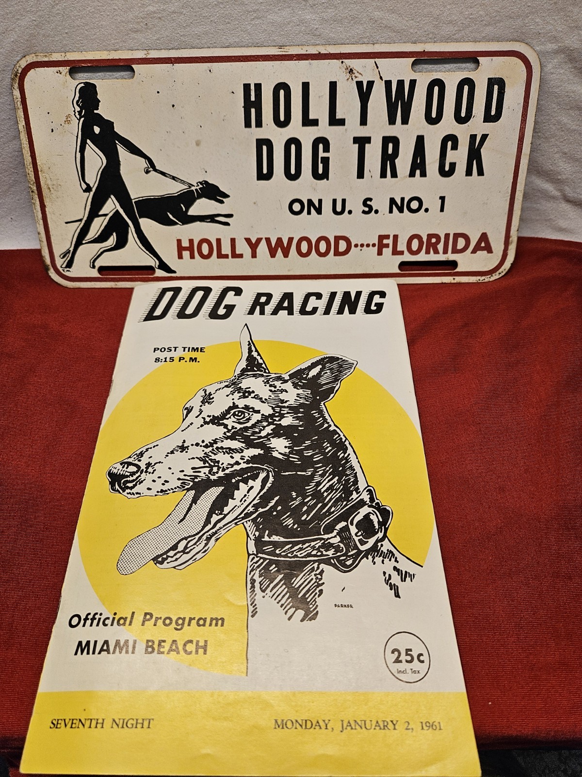 Vtg Hollywood FL Dog Track License Plate Deco Nouveau Greyhound Miami Program 61