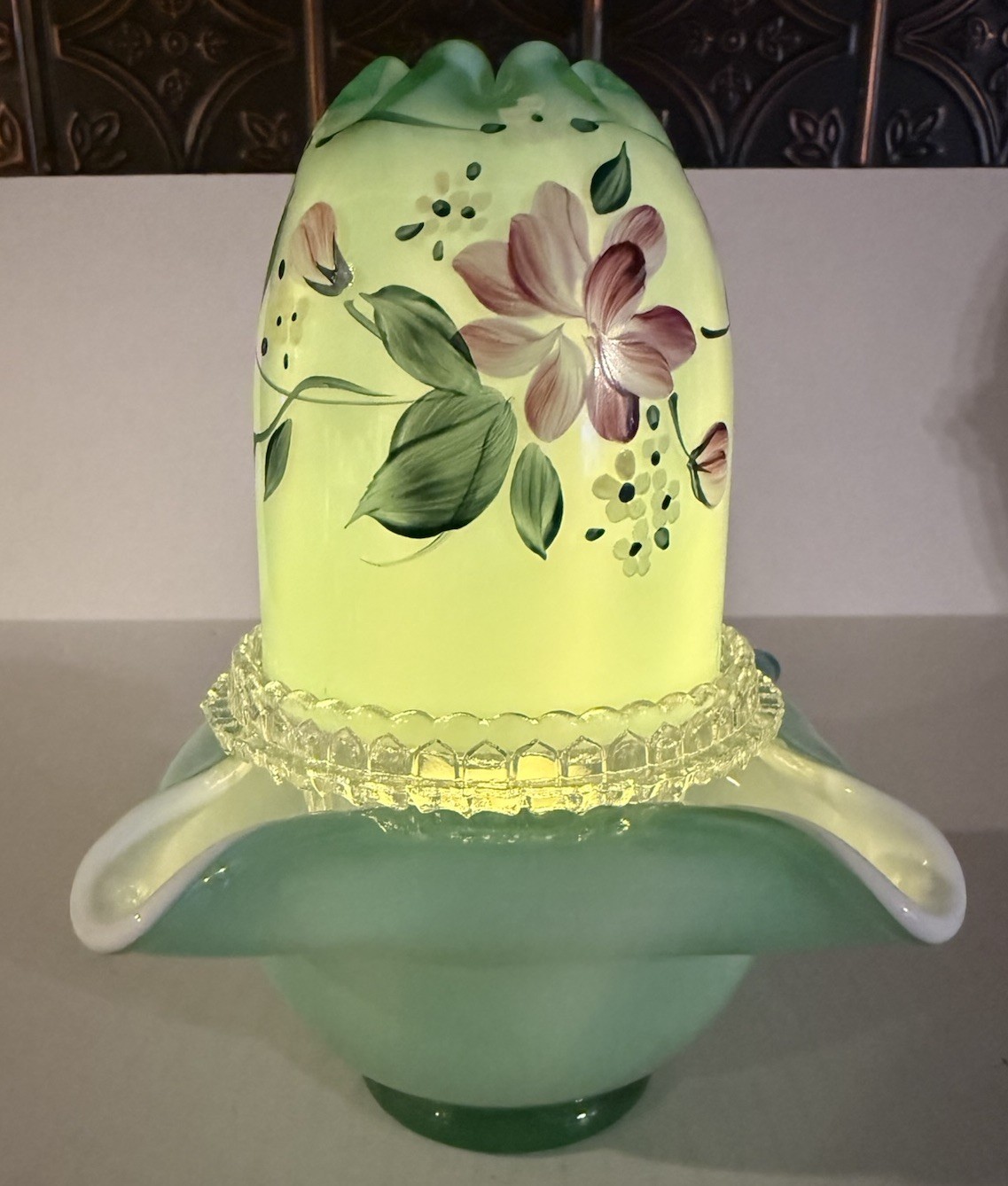 Fenton Light Sea Foam Green Floral Painted Three-Piece Fairy Lamp Signed