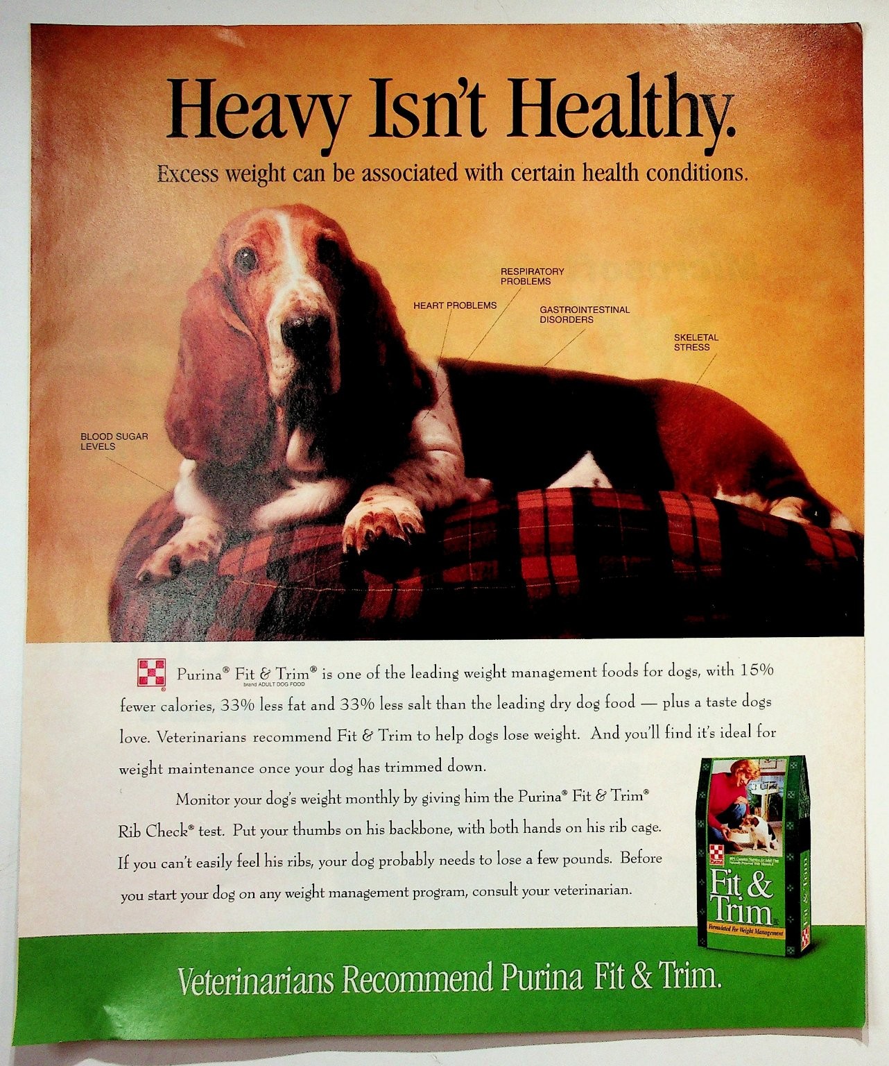 Purina Fit & Trim 1996 Vintage Dog Food Print Advertisement 9x11
