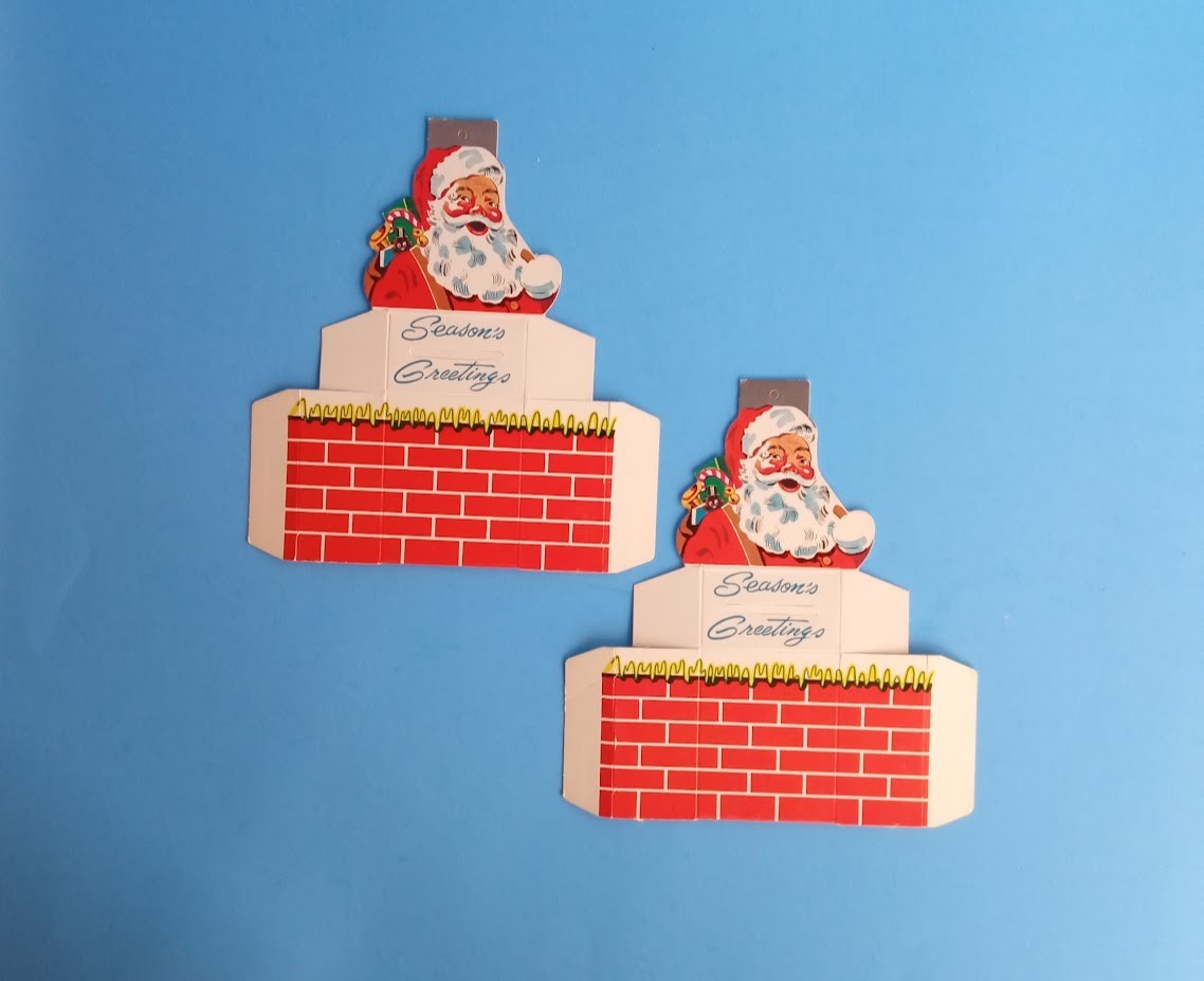 2 Vintage Santa Claus Christmas Bank Paper Ornament Advertising