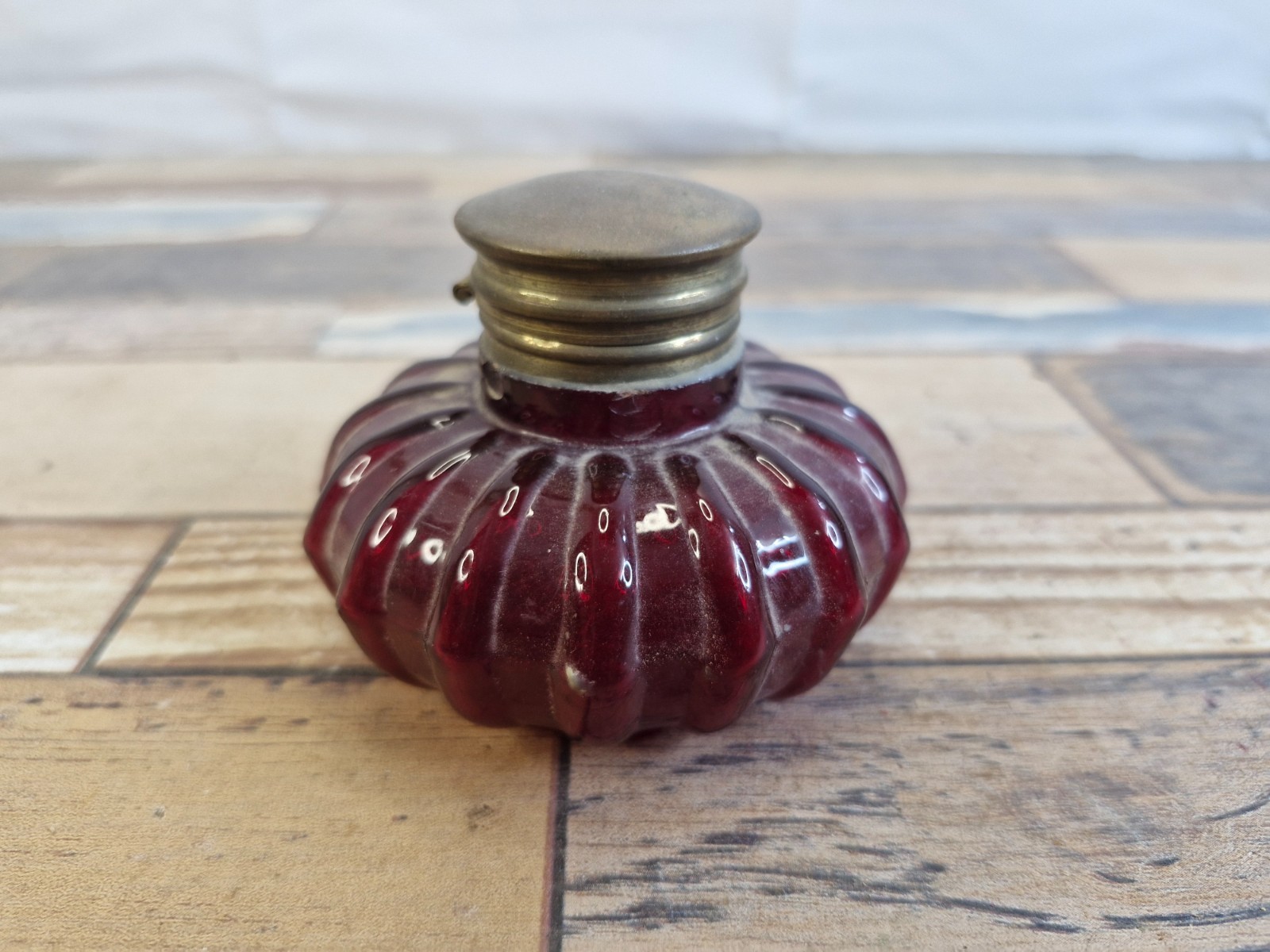 Antique Vintage Ruby Red Glass Inkwell with Hinged Brass Lid