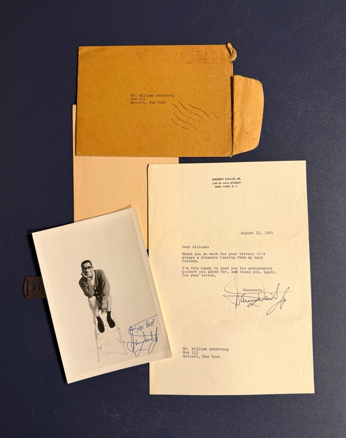 Sammy Davis Jr. Signed Photo & Signed 1965 Letter w/ Envelope (Original)