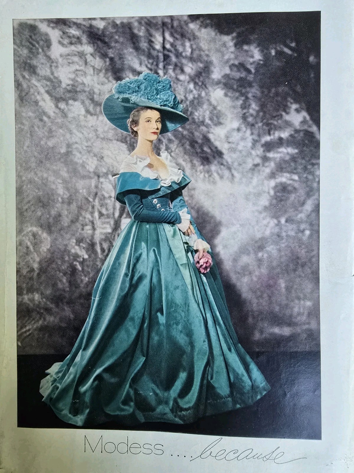  1952 Modess Because Sanitary Napkins Woman evening gown big hat vintage Ad 
