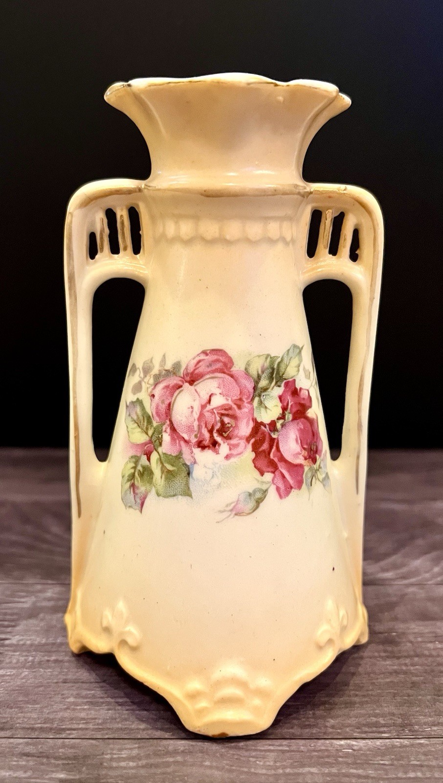 Antique Austria Hand Painted Floral Porcelain Double Handle Vase Art Nouveau Antique Austria Hand Painted Floral Porcelain Double Handle Vase Art Nouveau