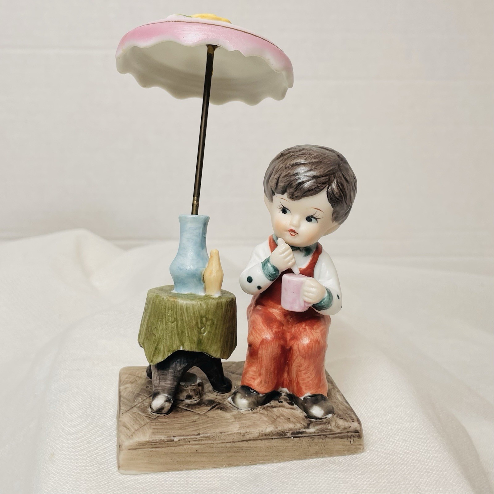 Vintage Lego Japan Umbrella Children Bisque Figurine Boy Sitting Hummel Like