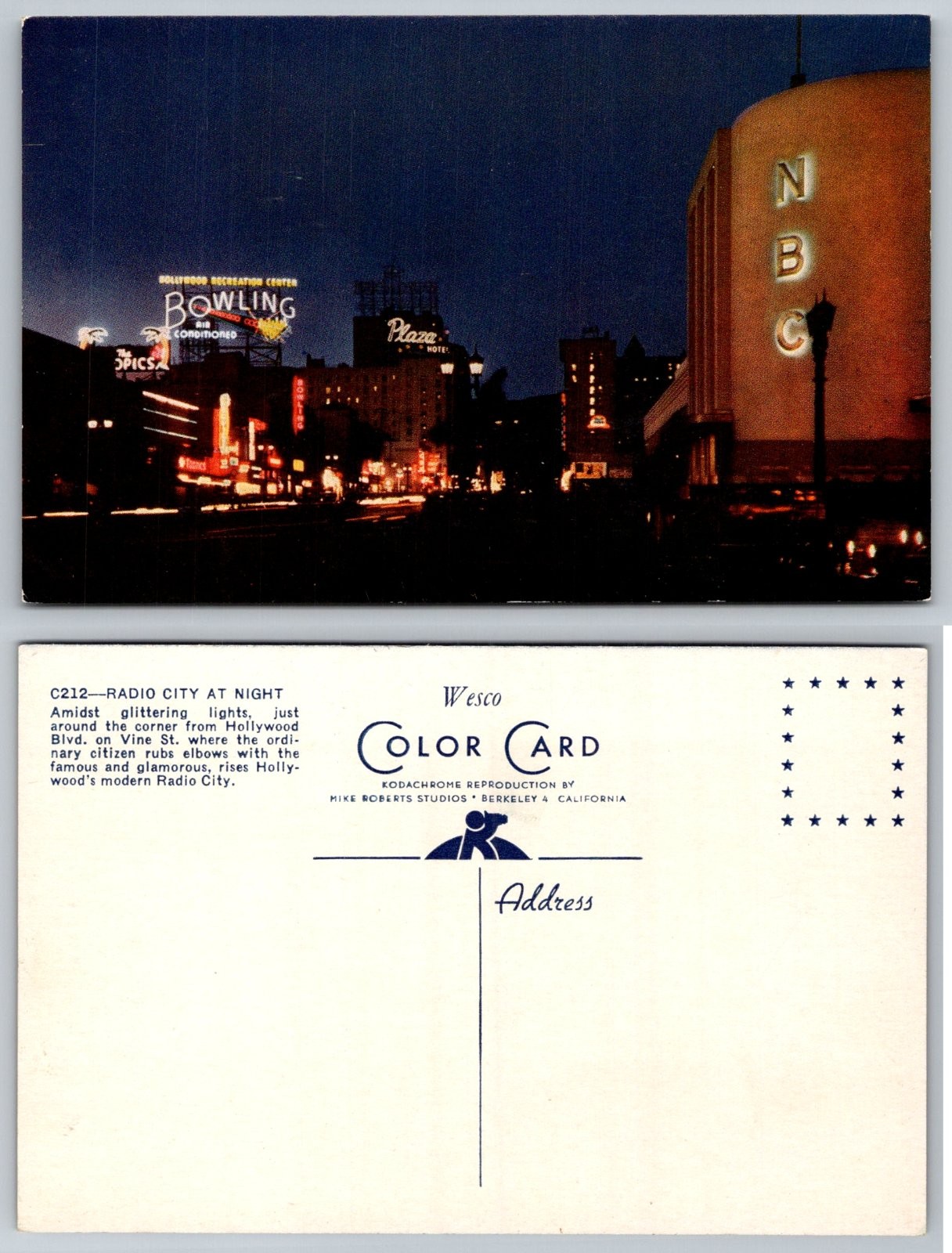 Hollywood California NBC Bowling Alley Plaza Hotel Night Street Postcard PB227-S