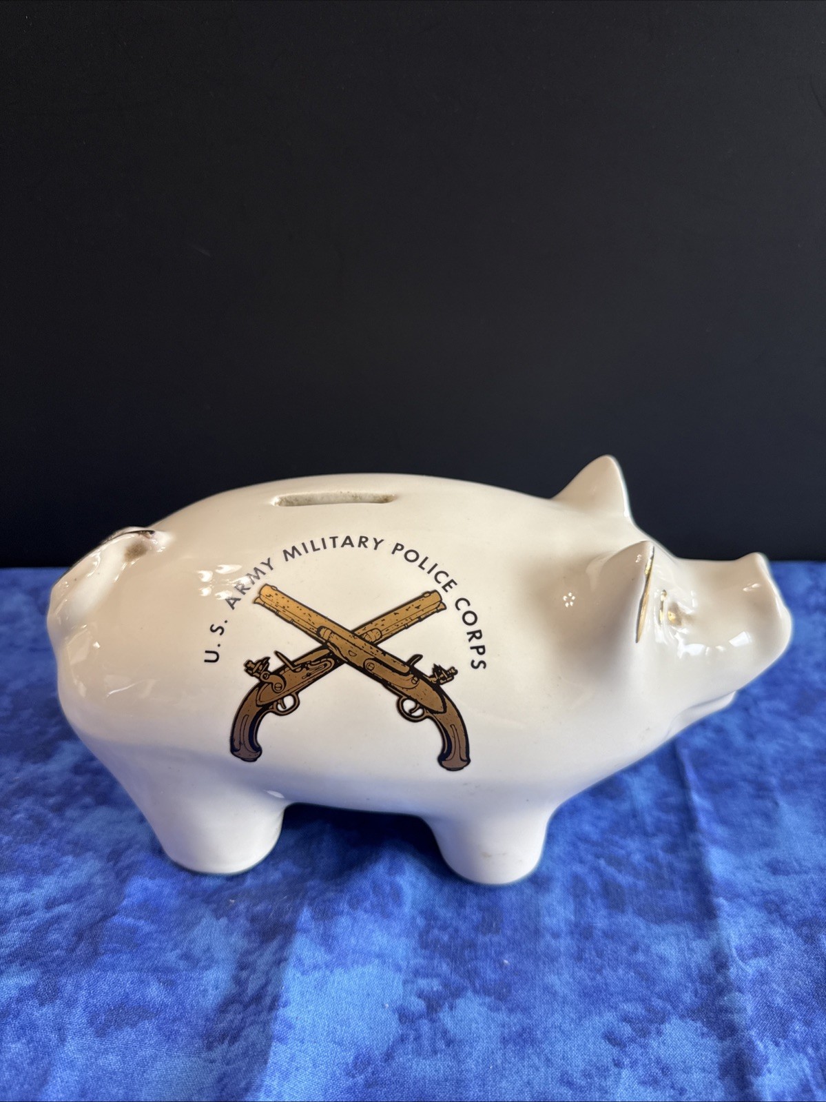 Vintage US Army MP Military Police Corps White Ceramic Piggy Bank Gold Accent