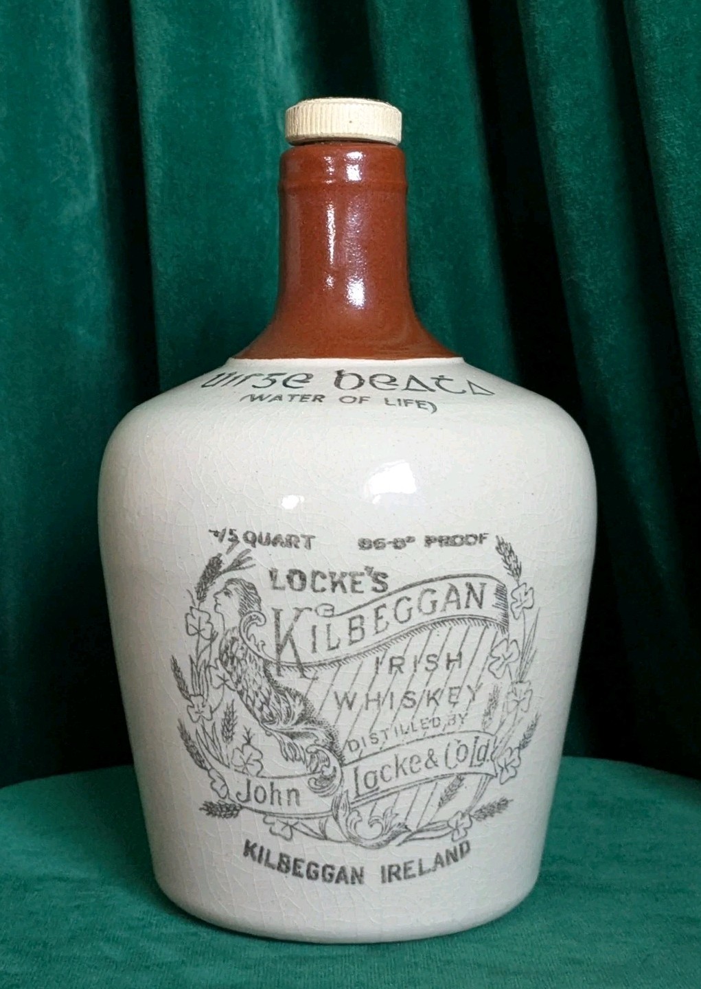 Vintage Locke's Kilbeggan Irish Whiskey Stoneware Jug with Handle Cicra 1950s