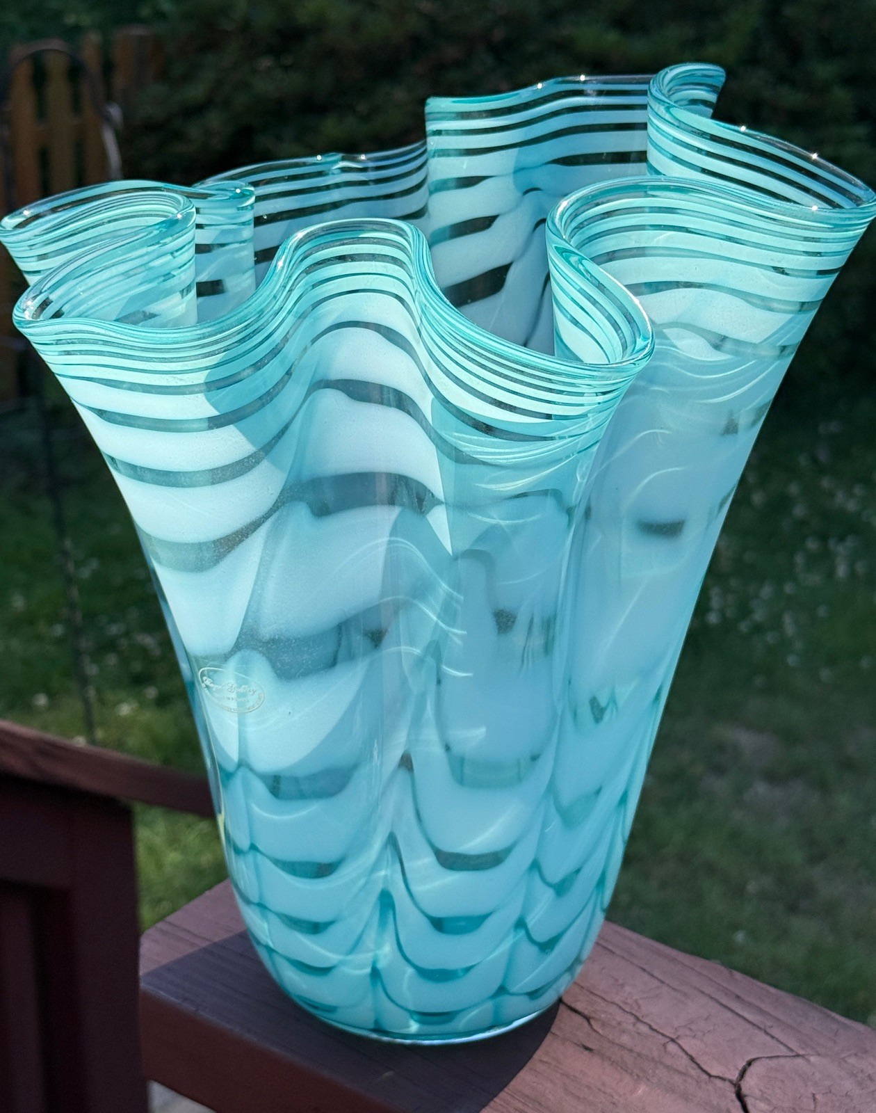 Royal Gallery Turquoise Hand Blown Opalescent Art Glass Handkerchief Vase Poland Royal Gallery Turquoise Hand Blown Opalescent Art Glass Handkerchief Vase Poland