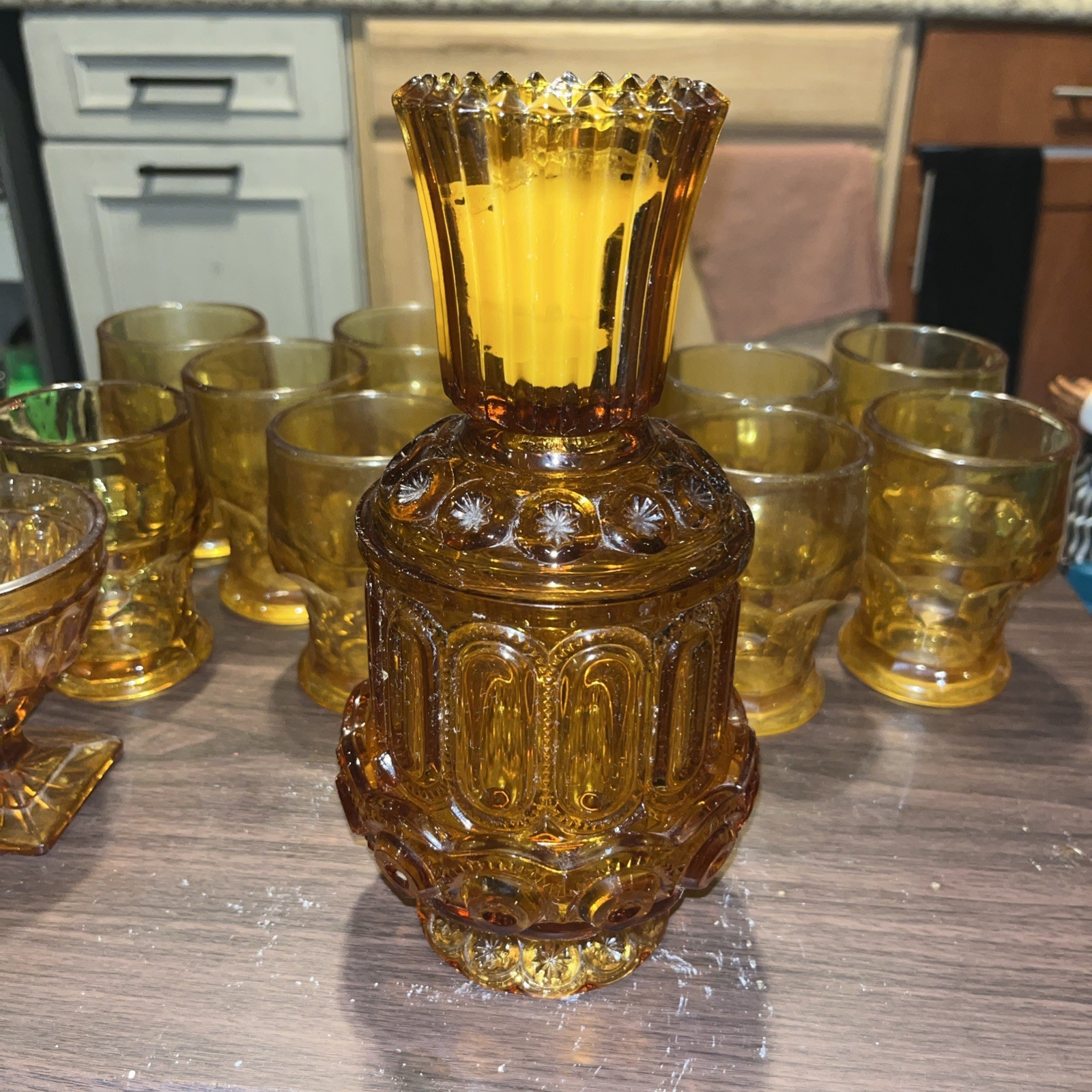 VTG MCM L.E. SMITH AMBER GLASS MOON & STARS FAIRY LAMP 6 1/4 VTG MCM L.E. SMITH AMBER GLASS MOON & STARS FAIRY LAMP 6 1/4
