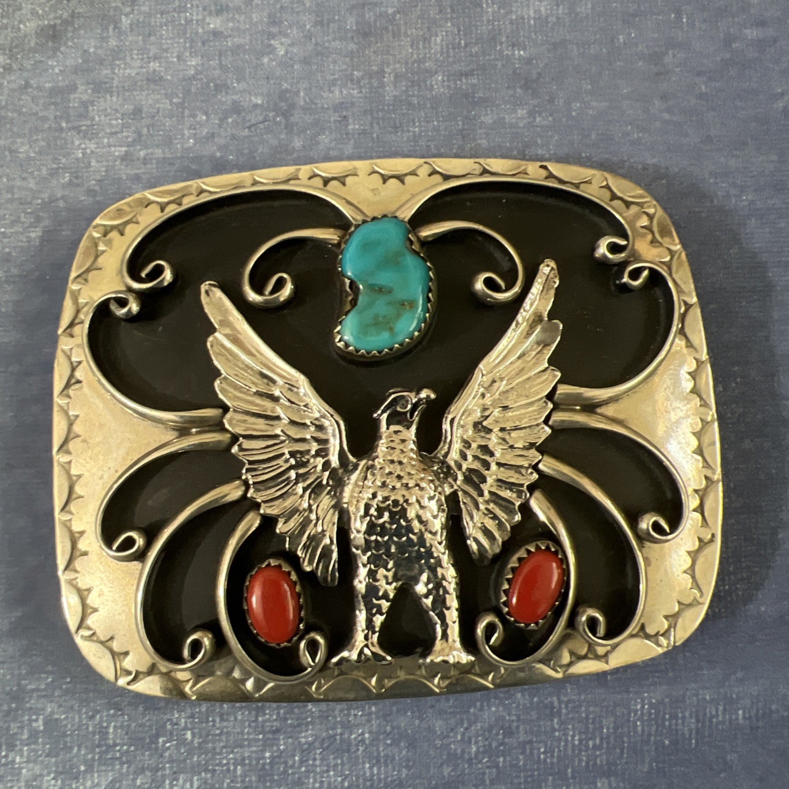 RareSST Western Americana Belt Buckle Turquoise Coral Silver Tone Eagle 3x2 Inch