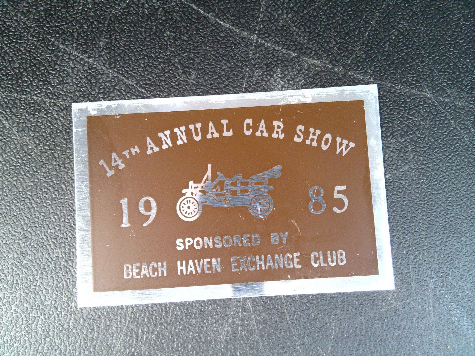 Beach Haven Exchange Club 1985 14th Annual Car Show Aluminum Dash Plaque Brown Beach Haven Exchange Club 1985 14th Annual Car Show Aluminum Dash Plaque Brown