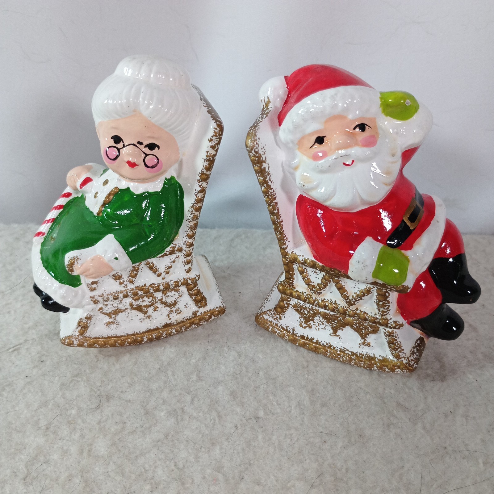 Vintage Japan Santa Mrs Claus Salt Pepper Shakers Rocking Chair Christmas MCM
