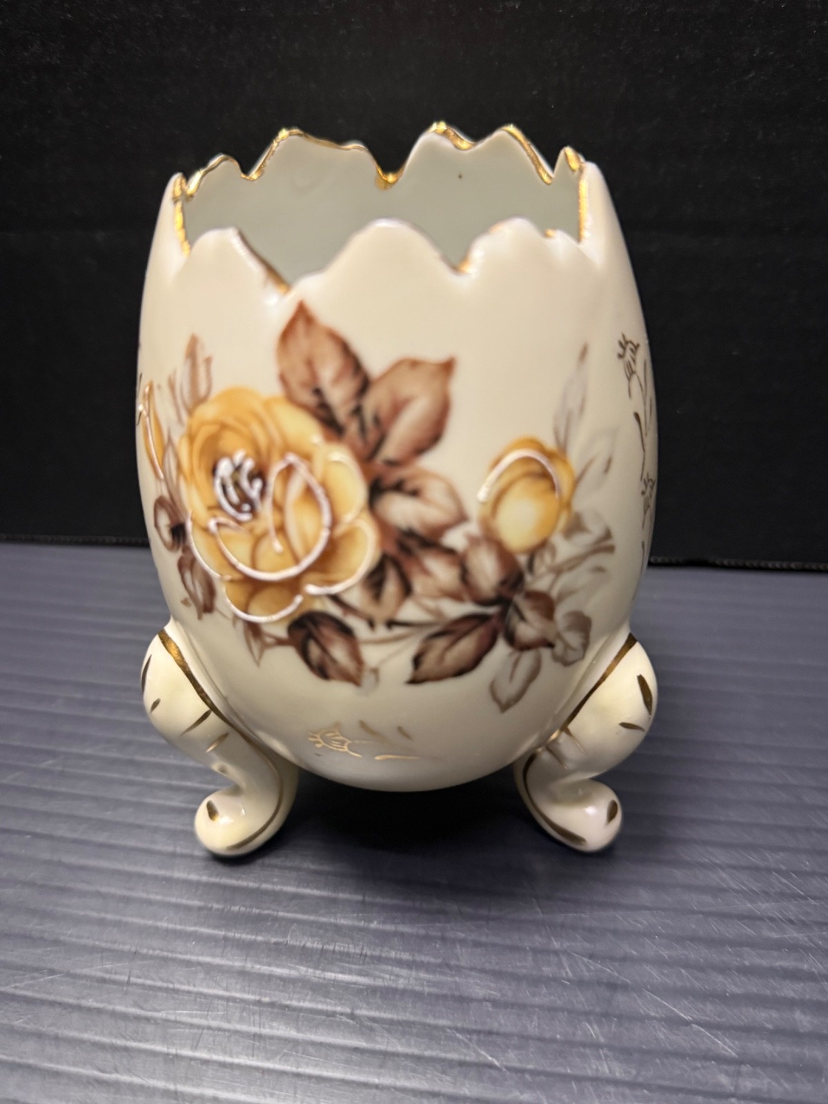 Vintage Napcoware Pink Floral Footed Cracked Egg Vase Handpainted Enamel