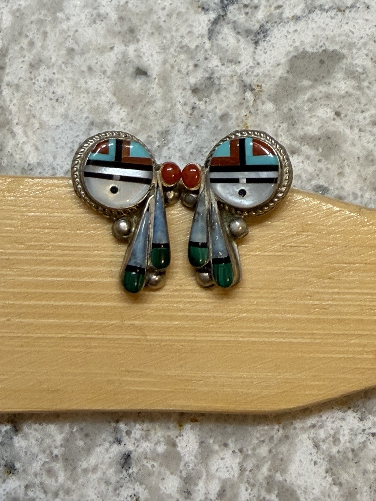 Signed Laahty Sterling Silver Multi Stone Inlay Drum Feather Stud Earrings