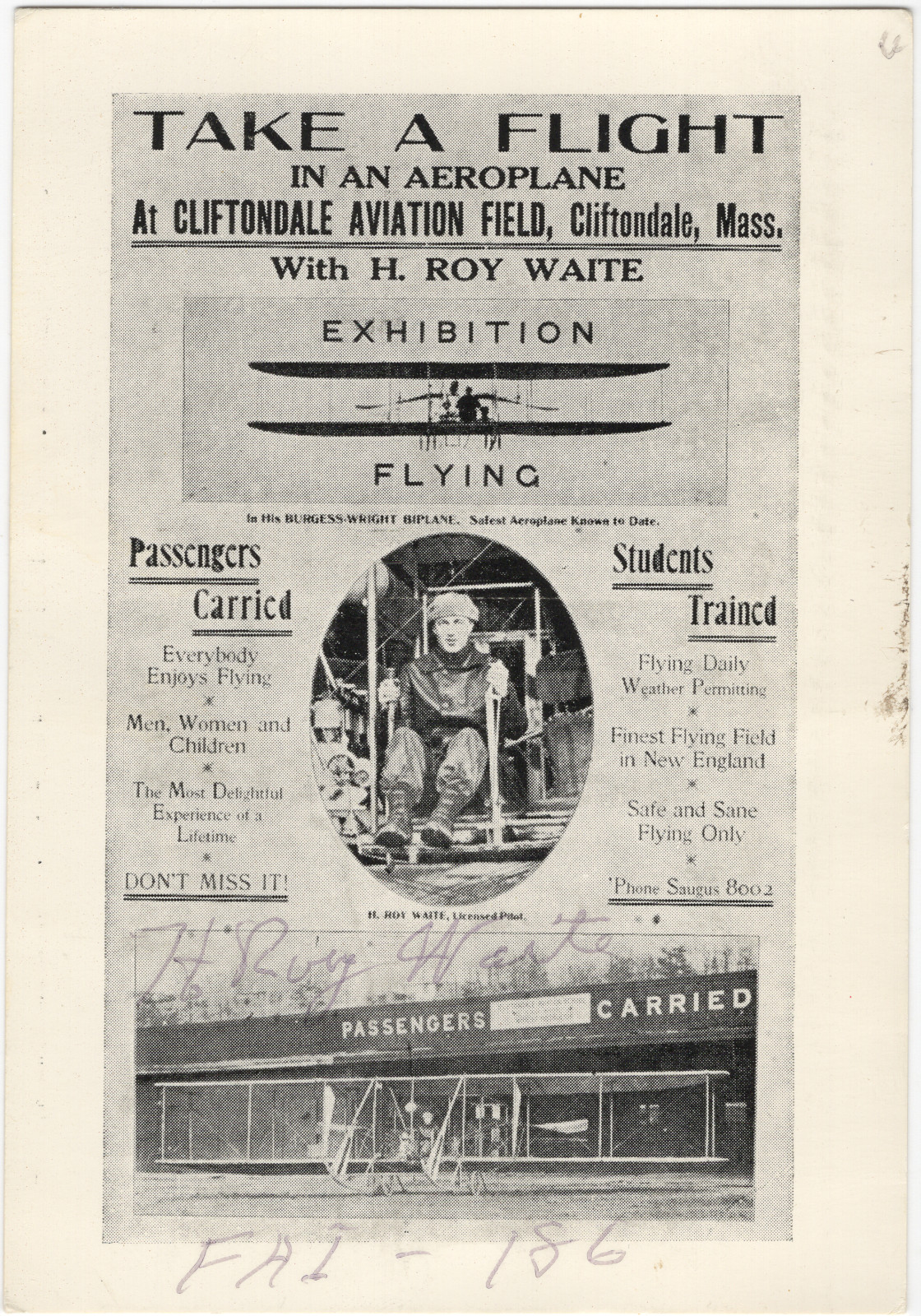Early Bird Aviator H. Roy Waite Signed 1912 Cliftondale MA Exhibition Flyer Early Bird Aviator H. Roy Waite Signed 1912 Cliftondale MA Exhibition Flyer