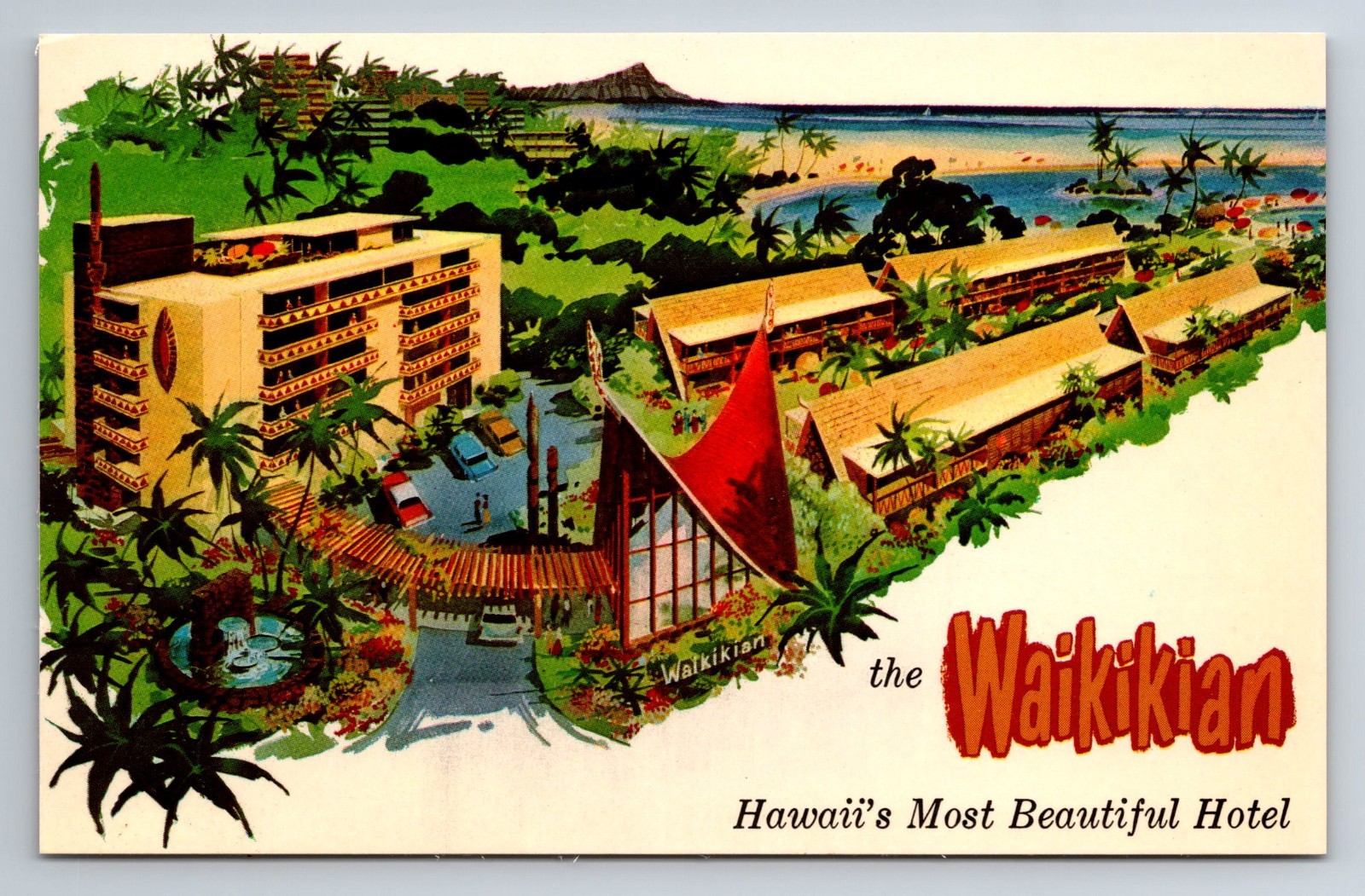 HI, Waikikian Hotel, Aerial View, Illustrated, Vintage Postcard