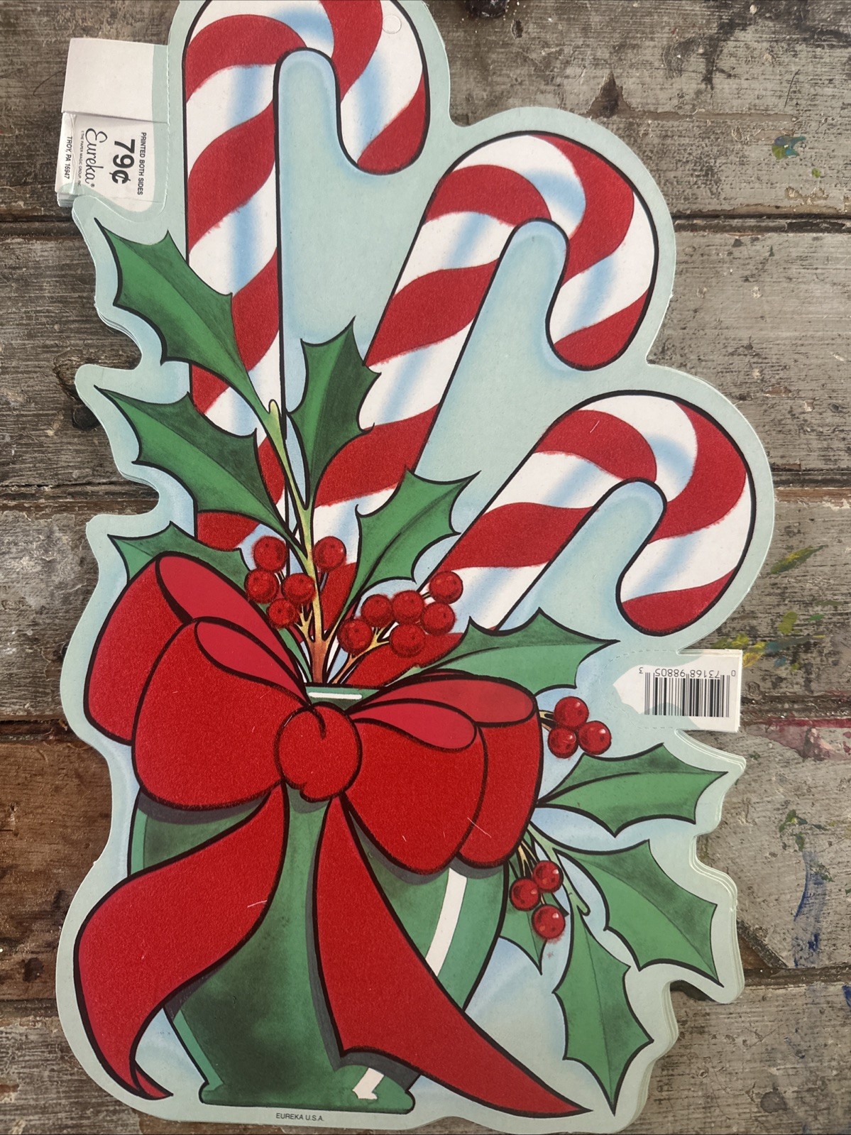 VTG Christmas Die Cut by Eureka Candy Cane Bouquet Flocked Red Velvet Cardboard
