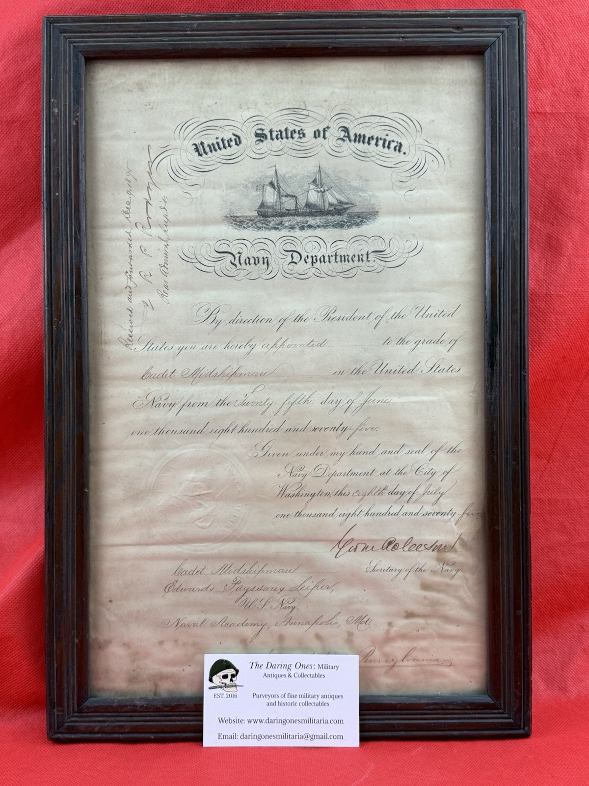 Original 1875 U.S. Navy Department Document Signed By Secretary Of The Navy