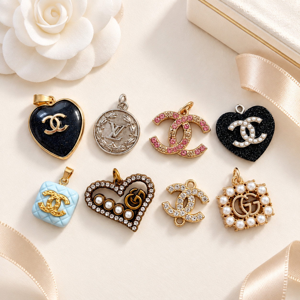 CC Chanel Zipper Pull Charm Heart Gold Stamped buttons rhinestones logo pearl