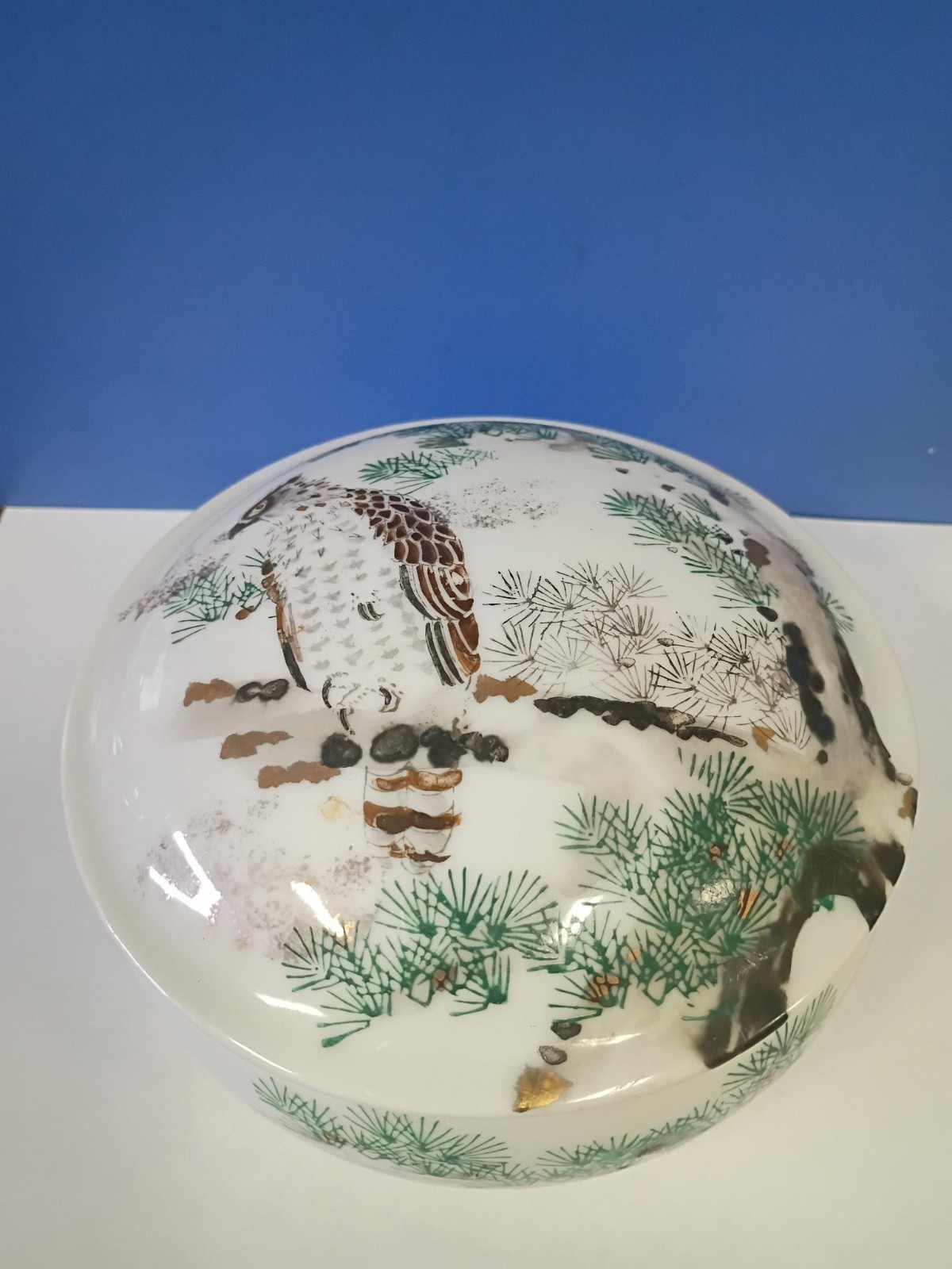 Vintage Japanese Porcelain Lidded Box - Hand Painted Hawk & Pine Motif