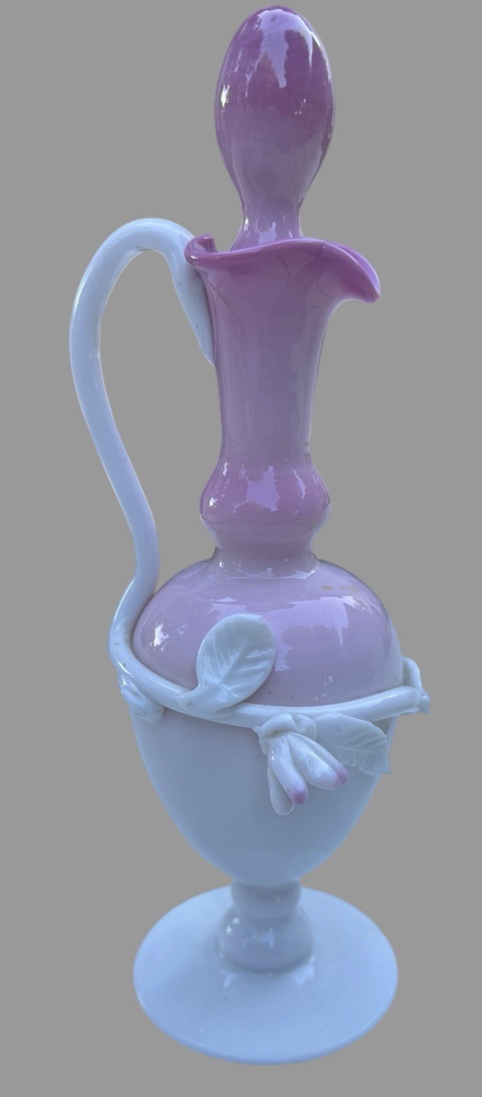 Antique Victorian Art Glass Ewer Decanter Pink White Applied Flowers Stopper 9”