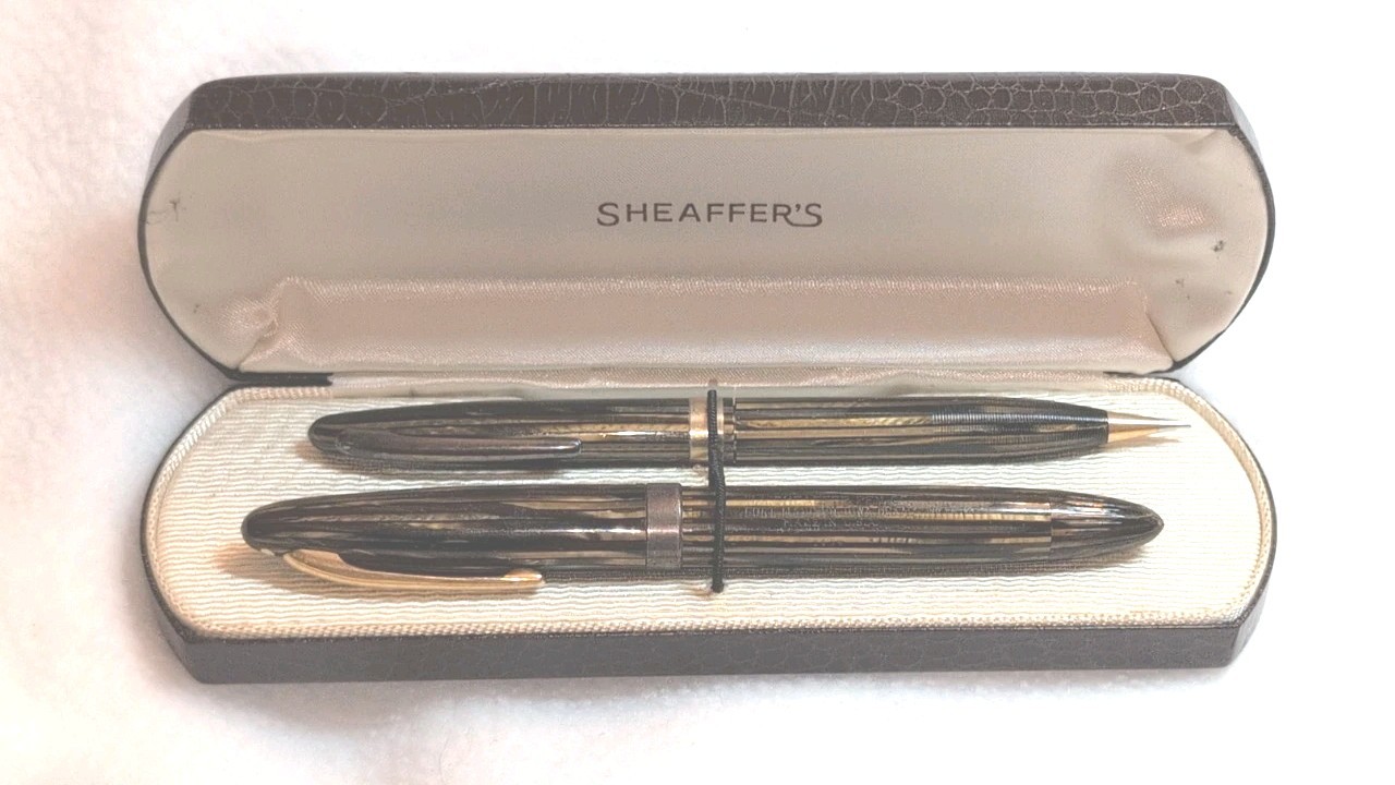 Vtg 1940s Sheaffer Lifetime Triumph 1000 Pen & 400 Pencil Set Brown Striated 14K