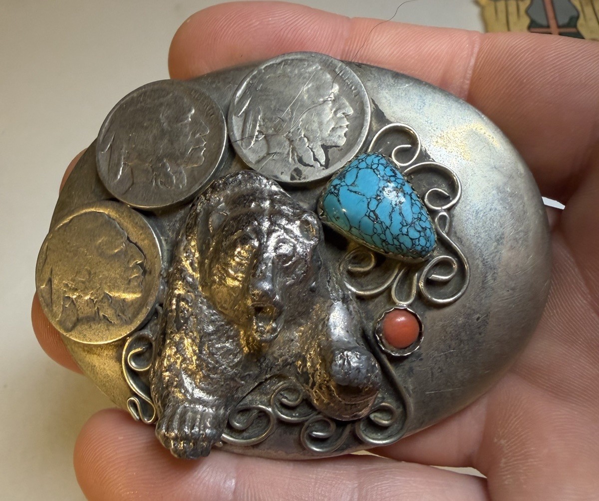 Vintage bear belt buckle Navajo Turquoise Red Coral Buffalo Indian Head Nickel