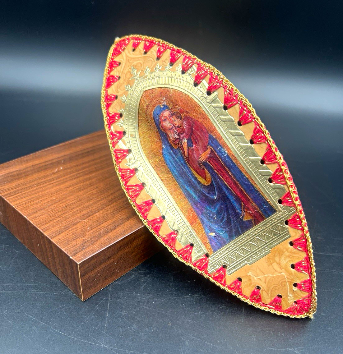 Vintage Handmade 3-Sided Christmas Ornament Mary & Jesus, Bells, Candle Vintage Handmade 3-Sided Christmas Ornament Mary & Jesus, Bells, Candle