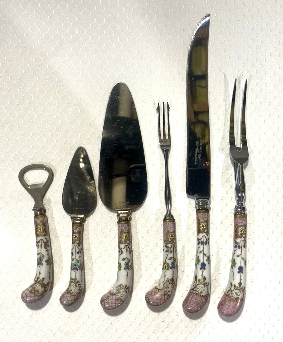 A E Lewis & Co Sheffield England Stainless Steel Floraine Pattern Porcelain 6 pc