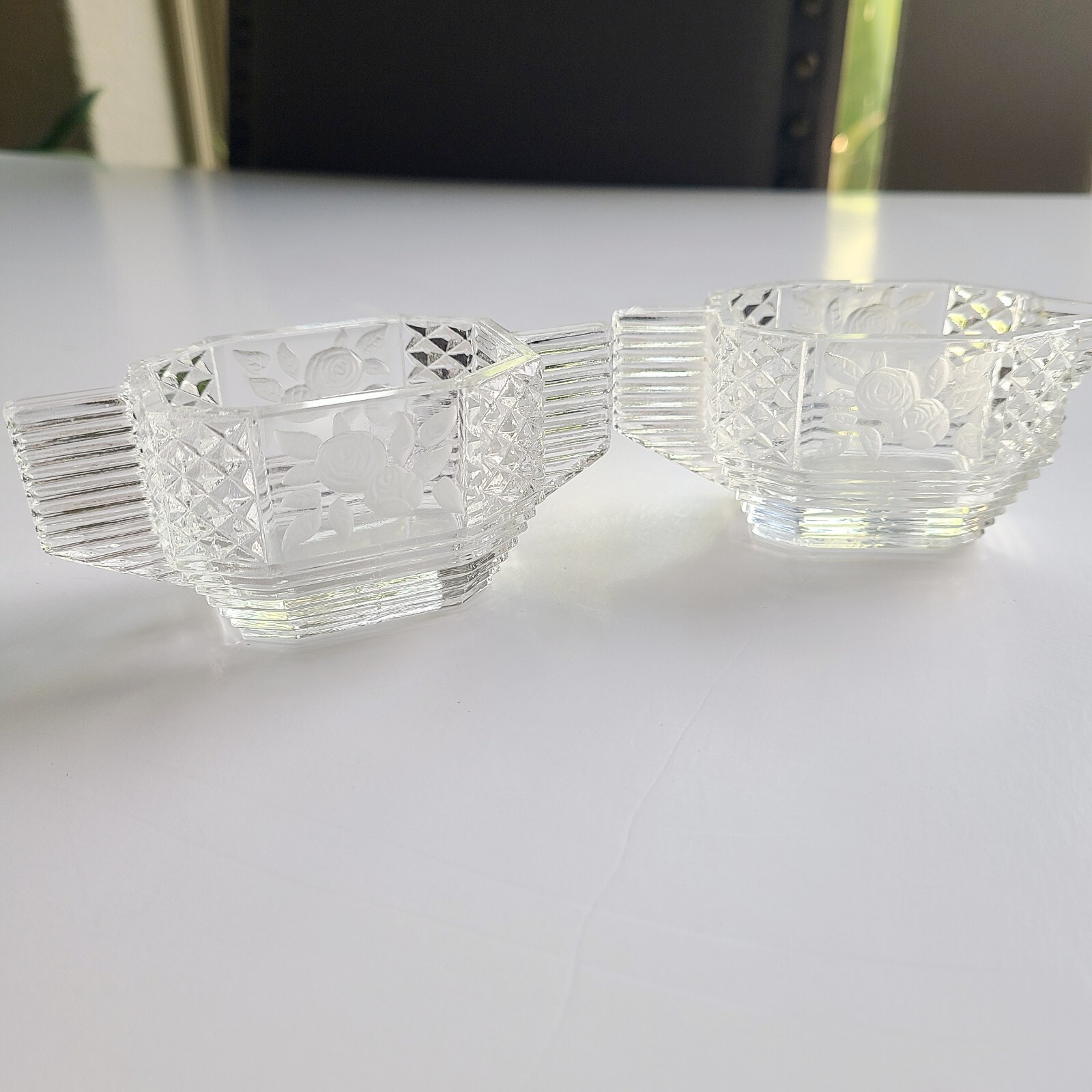 Vintage Cut Glass Embossed Sugar/ Creamer Set Art Deco Style MCM Etched Roses