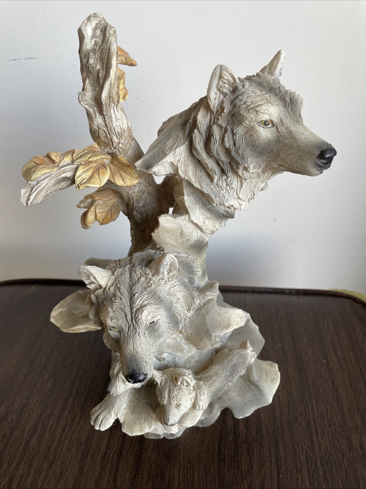 9” Tall Grey Wolves On Tree With Cubs Resin Wolf Family Figurine Native American