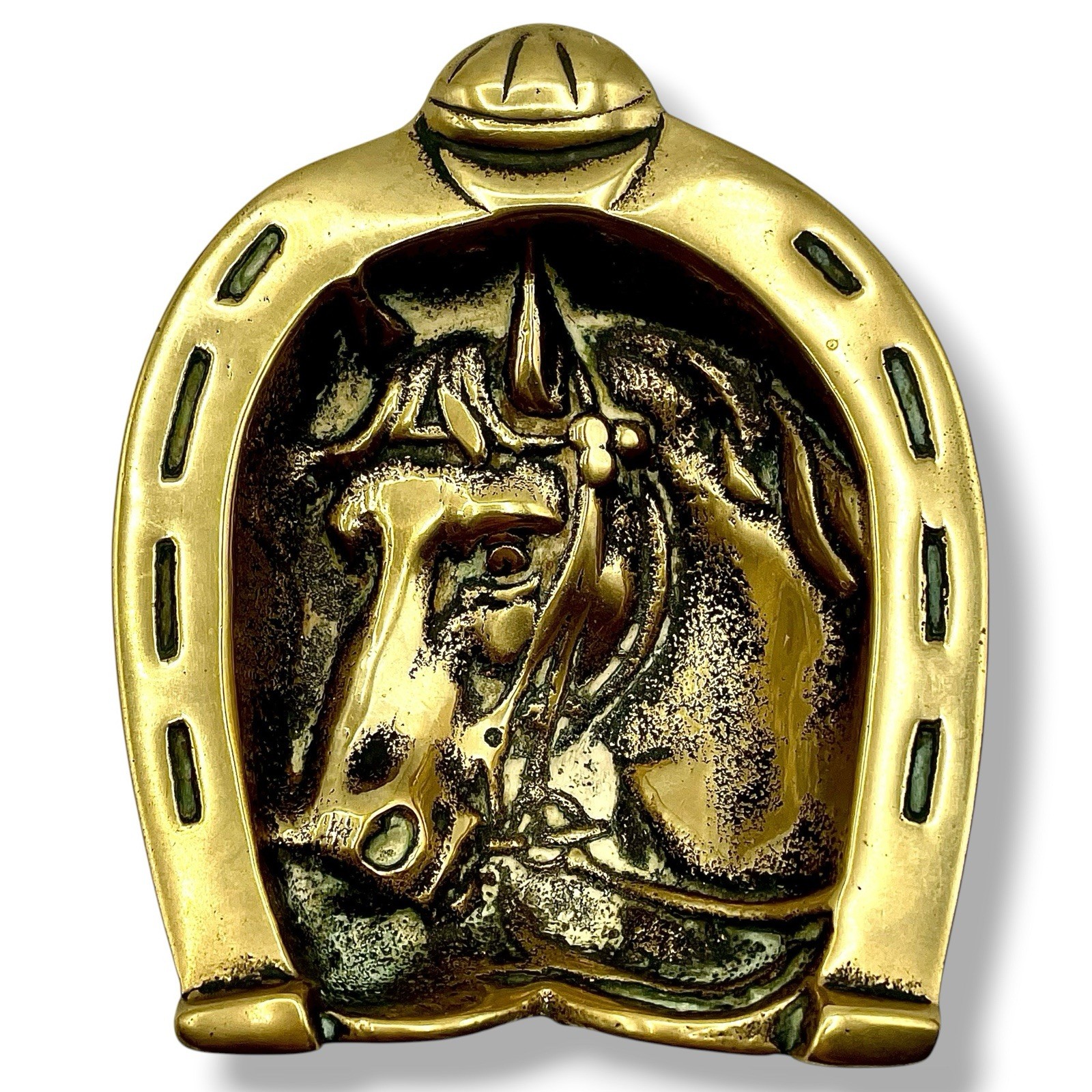 Vintage Solid Brass HORSE Head Horseshoe Jockey Cap Ashtray Trinket Dish EUC
