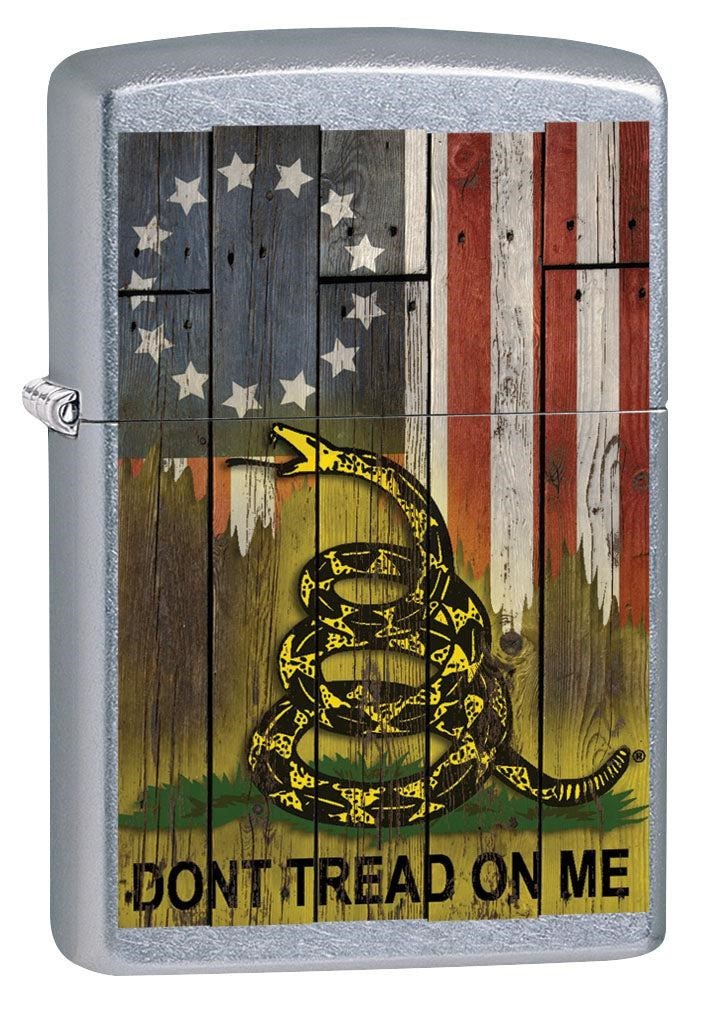 Zippo Don\'t Tread on Me with Flag Lighter, Street Chrome NEW IN BOX Zippo Don\'t Tread on Me with Flag Lighter, Street Chrome NEW IN BOX