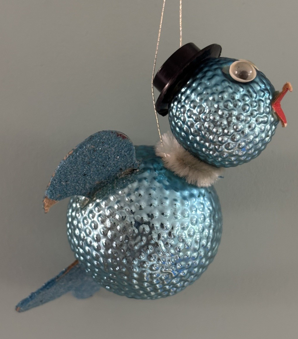 Vntg Crazy Bird Bumpy Mercury Glass Ornament Blue Googly Eyes 1950s 