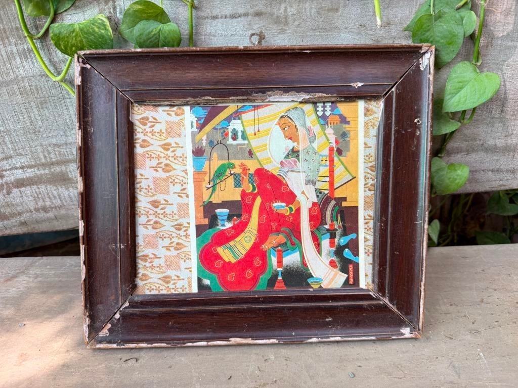 Vintage Indian Miniature Lady Painting Framed Folk Art Wall Decor 10.5