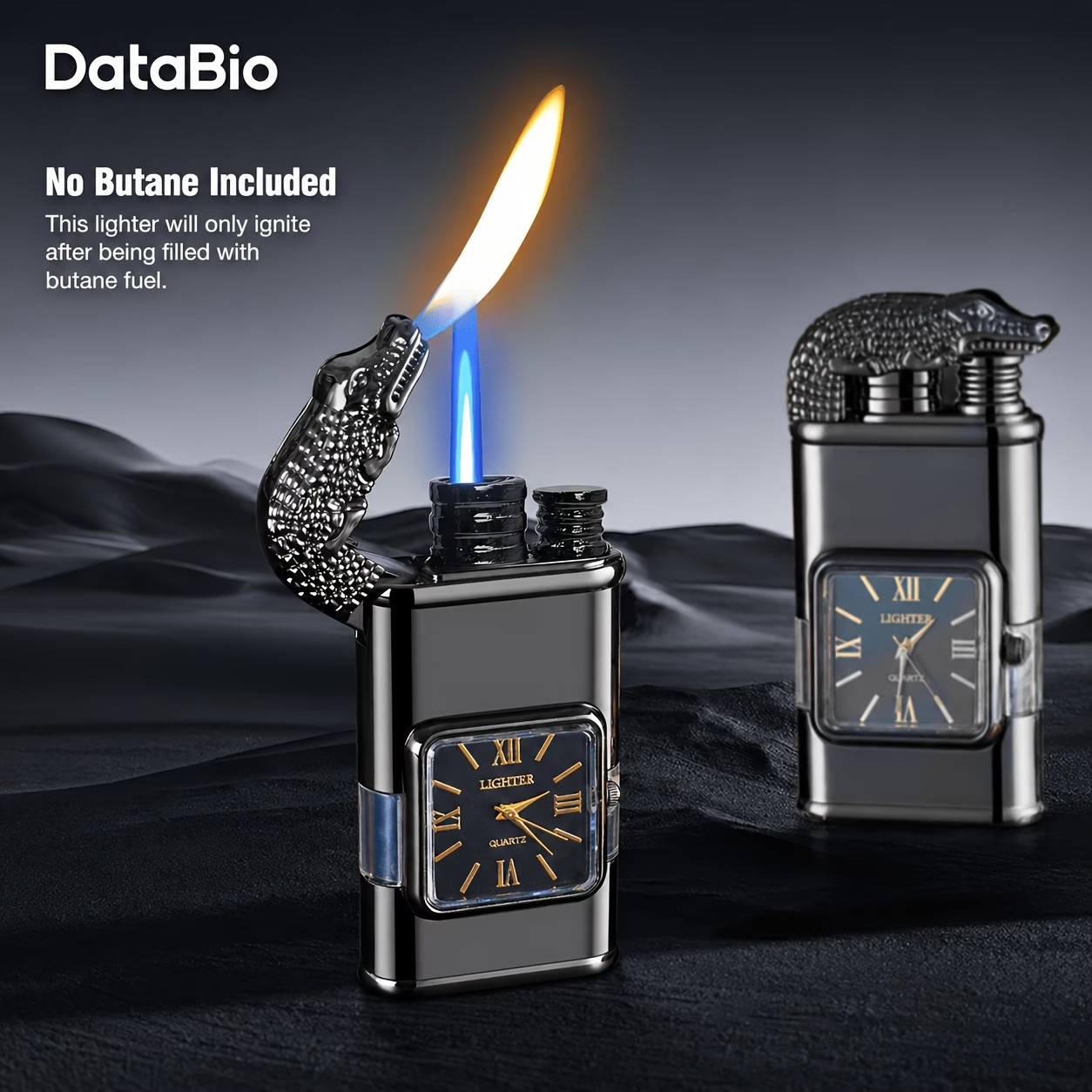 Dual‑Flame CROCODILE Butane Lighter/Quartz CLOCK- Windproof Jet & Soft Flame NIB